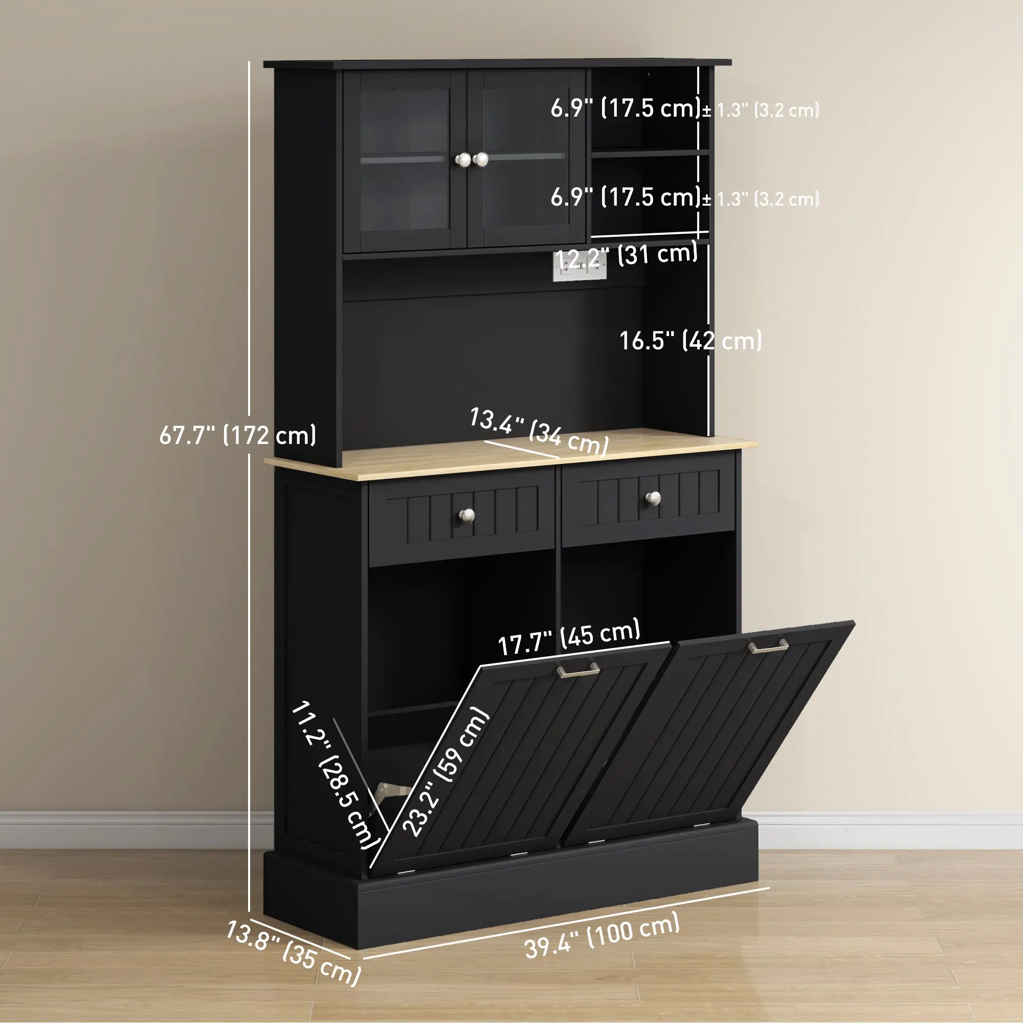 Kitchen Cabinet with Charging Station, 2 Tilt Out Cabinets, Microwave Stand, Black - Image 3