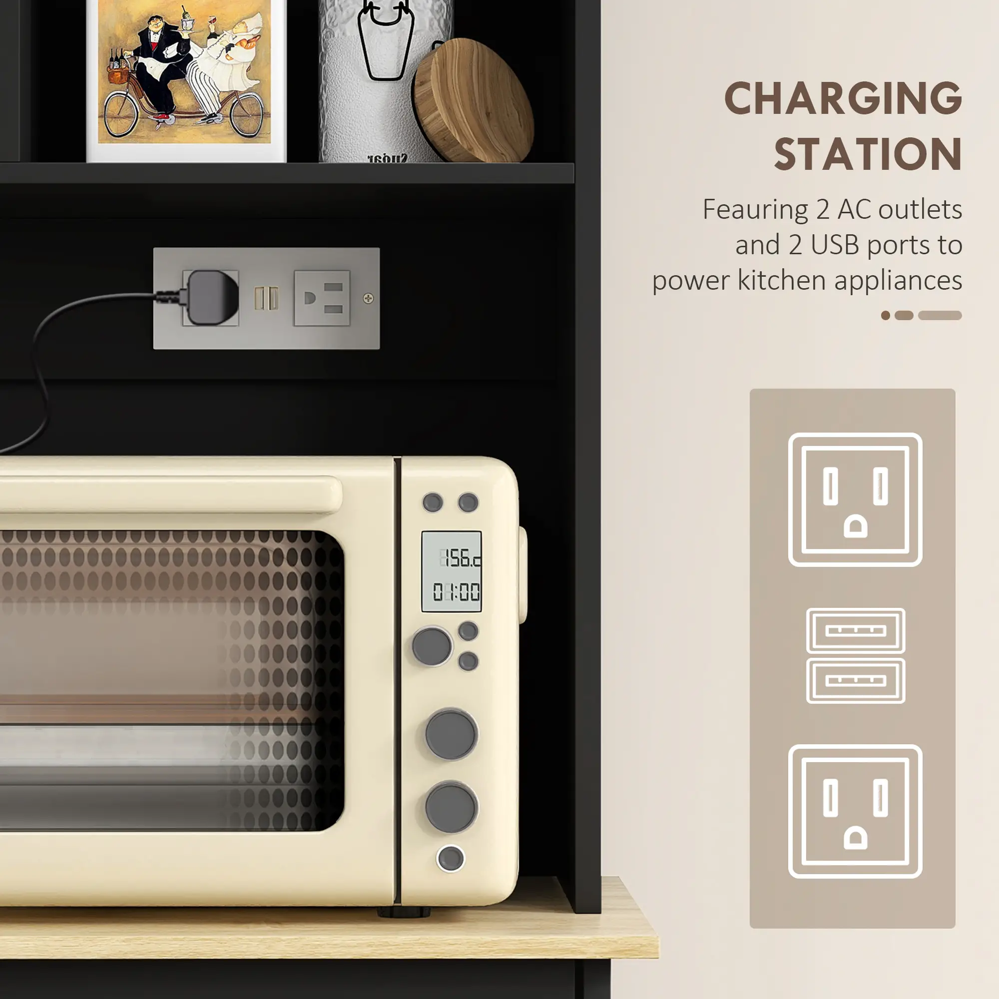 Kitchen Cabinet with Charging Station, 2 Tilt Out Cabinets, Microwave Stand, Black - Image 4