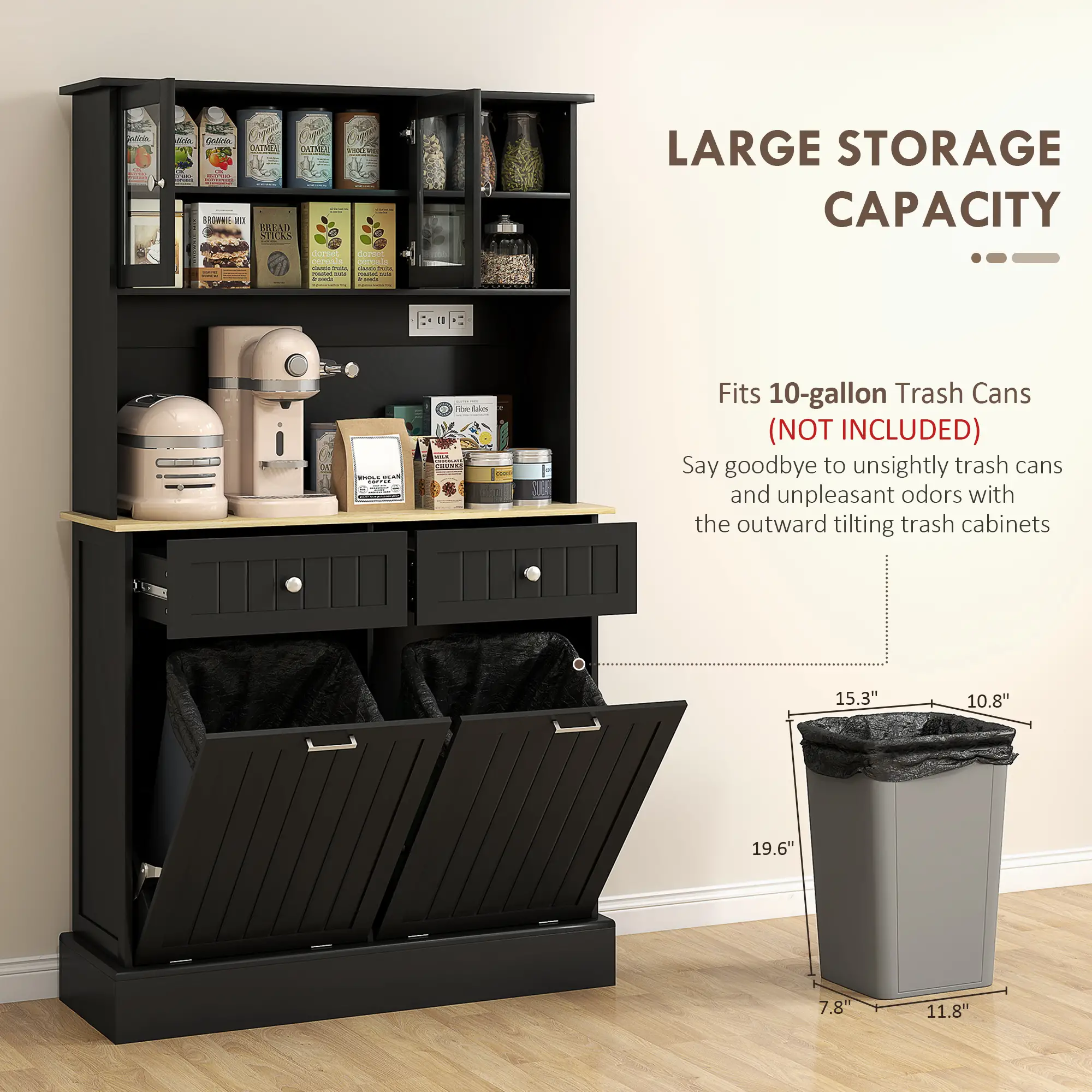 Kitchen Cabinet with Charging Station, 2 Tilt Out Cabinets, Microwave Stand, Black - Image 5