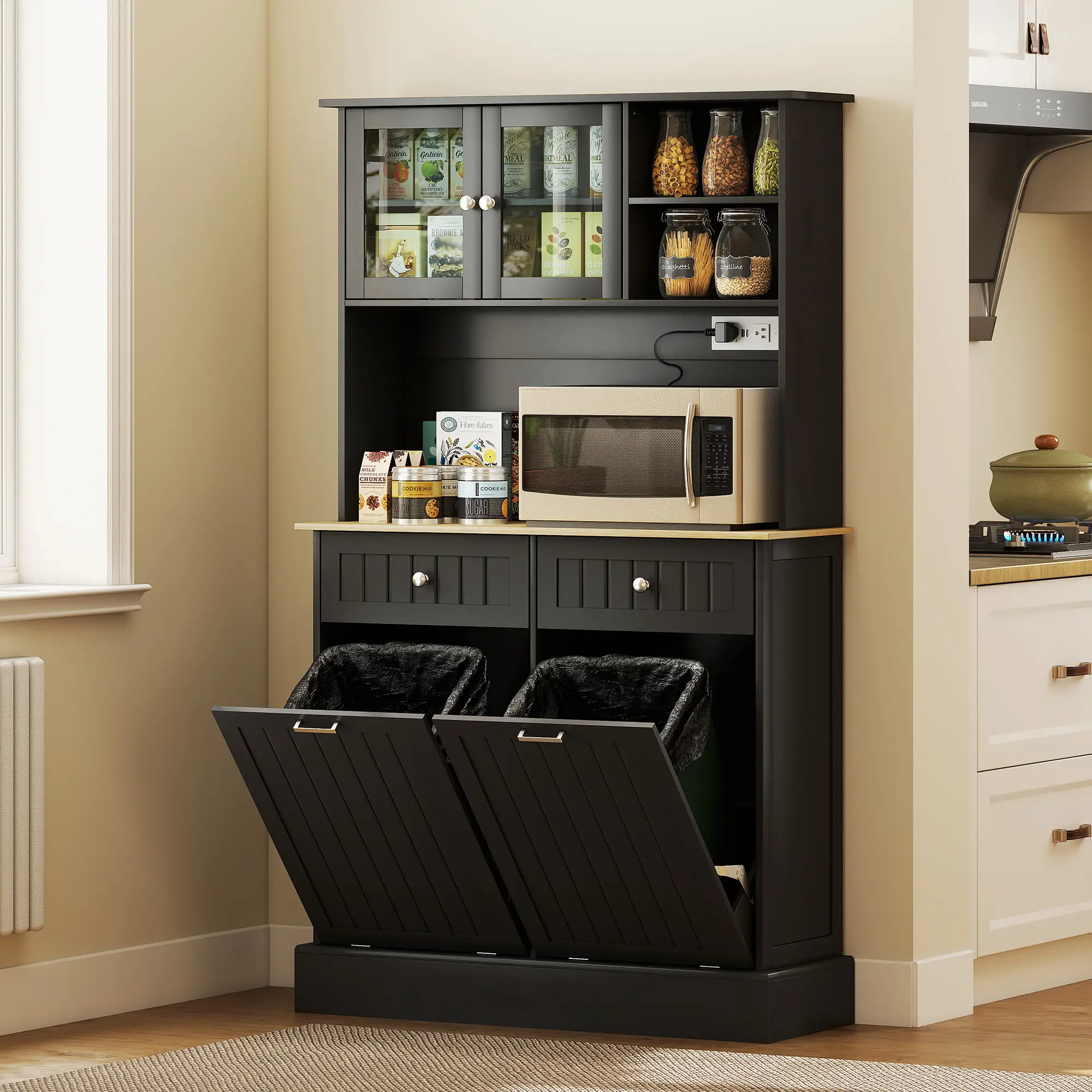 Kitchen Cabinet with Charging Station, 2 Tilt Out Cabinets, Microwave Stand, Black - Image 8