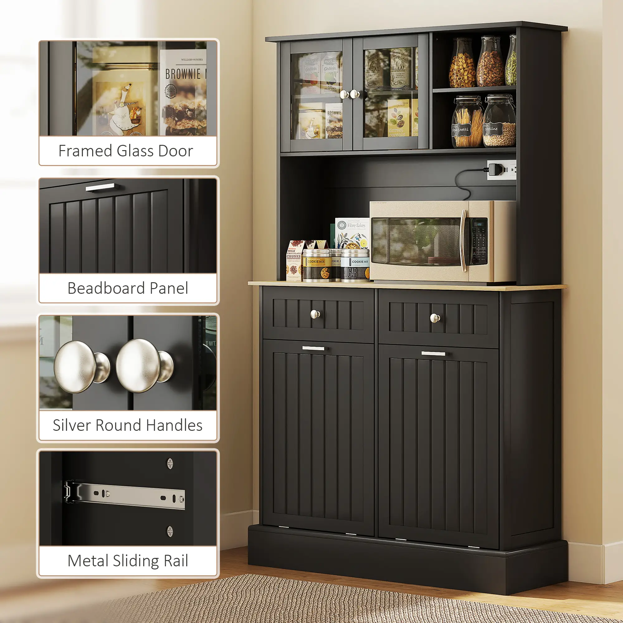 Kitchen Cabinet with Charging Station, 2 Tilt Out Cabinets, Microwave Stand, Black - Image 9