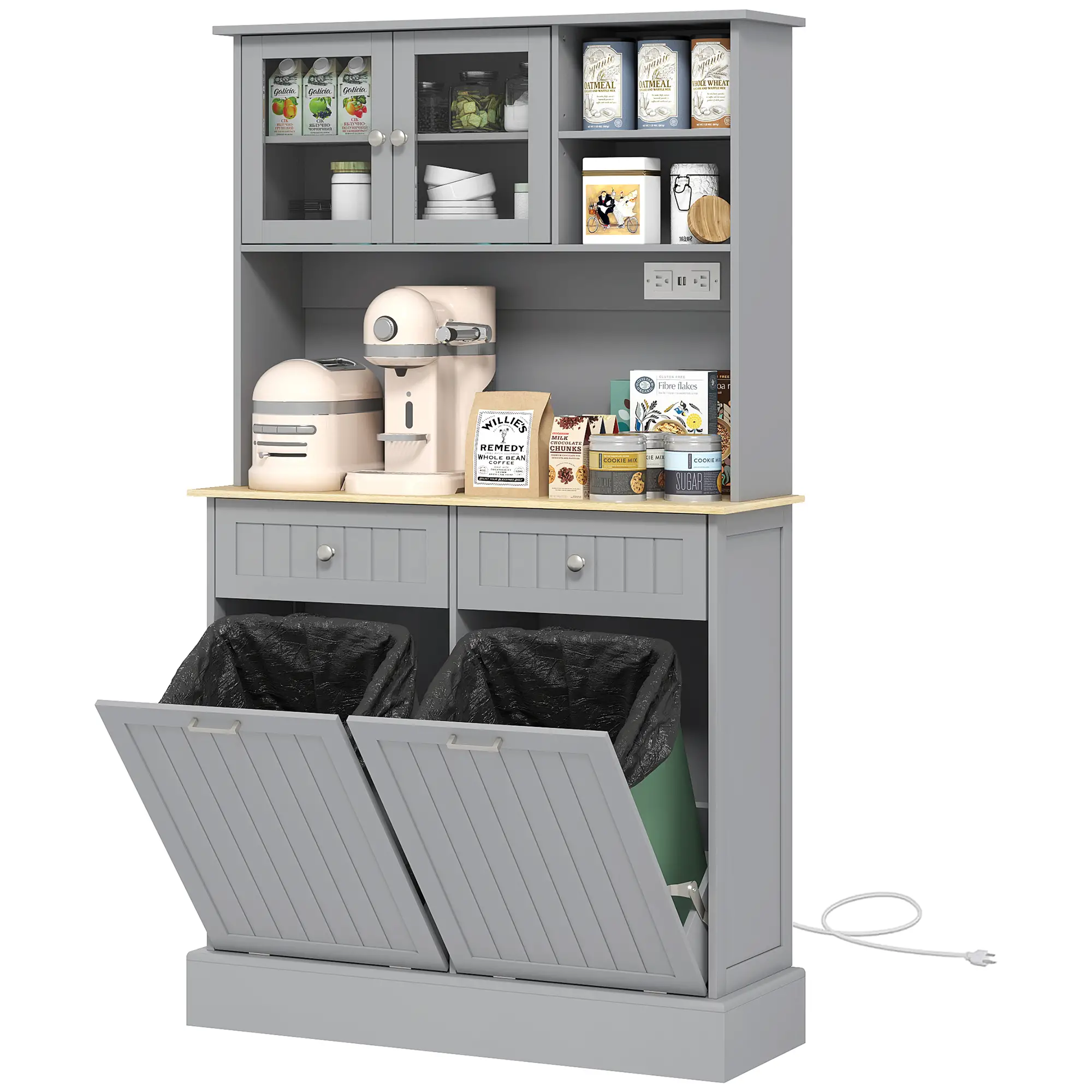 Kitchen Cabinet with Charging Station, 2 Tilt Out Cabinets, Microwave Stand, Grey
