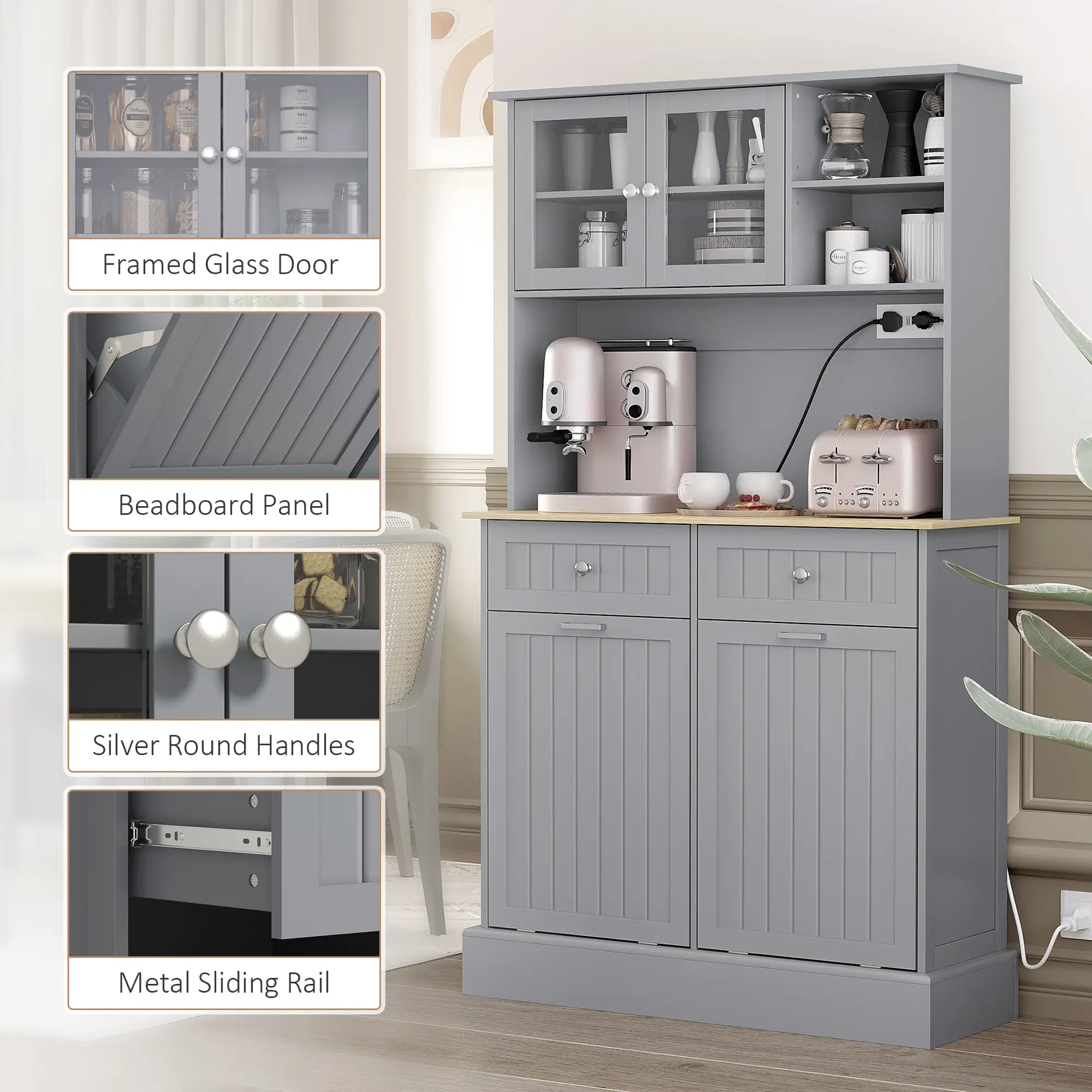 Kitchen Cabinet with Charging Station, 2 Tilt Out Cabinets, Microwave Stand, Grey - Image 10
