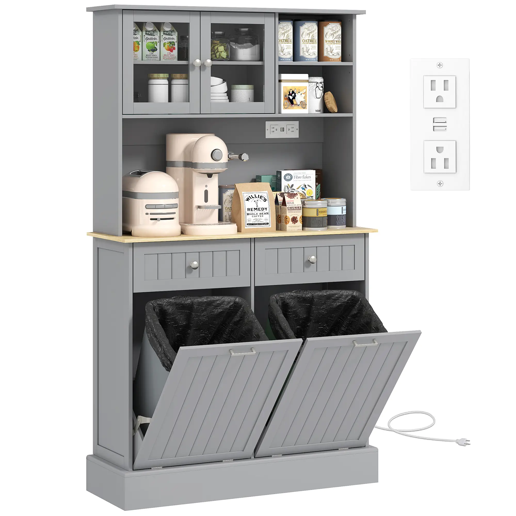 Kitchen Cabinet with Charging Station, 2 Tilt Out Cabinets, Microwave Stand, Grey - Image 11