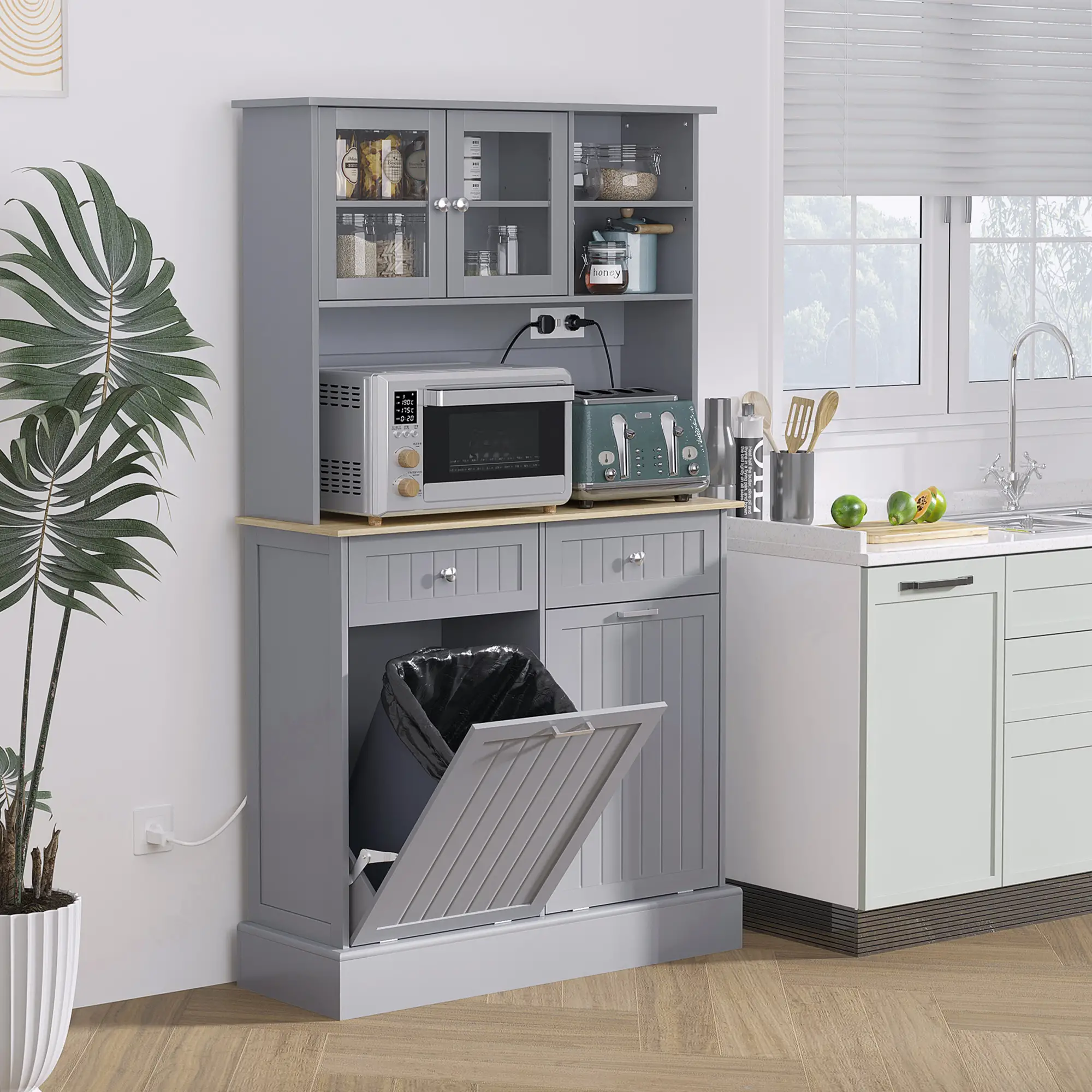 Kitchen Cabinet with Charging Station, 2 Tilt Out Cabinets, Microwave Stand, Grey - Image 2