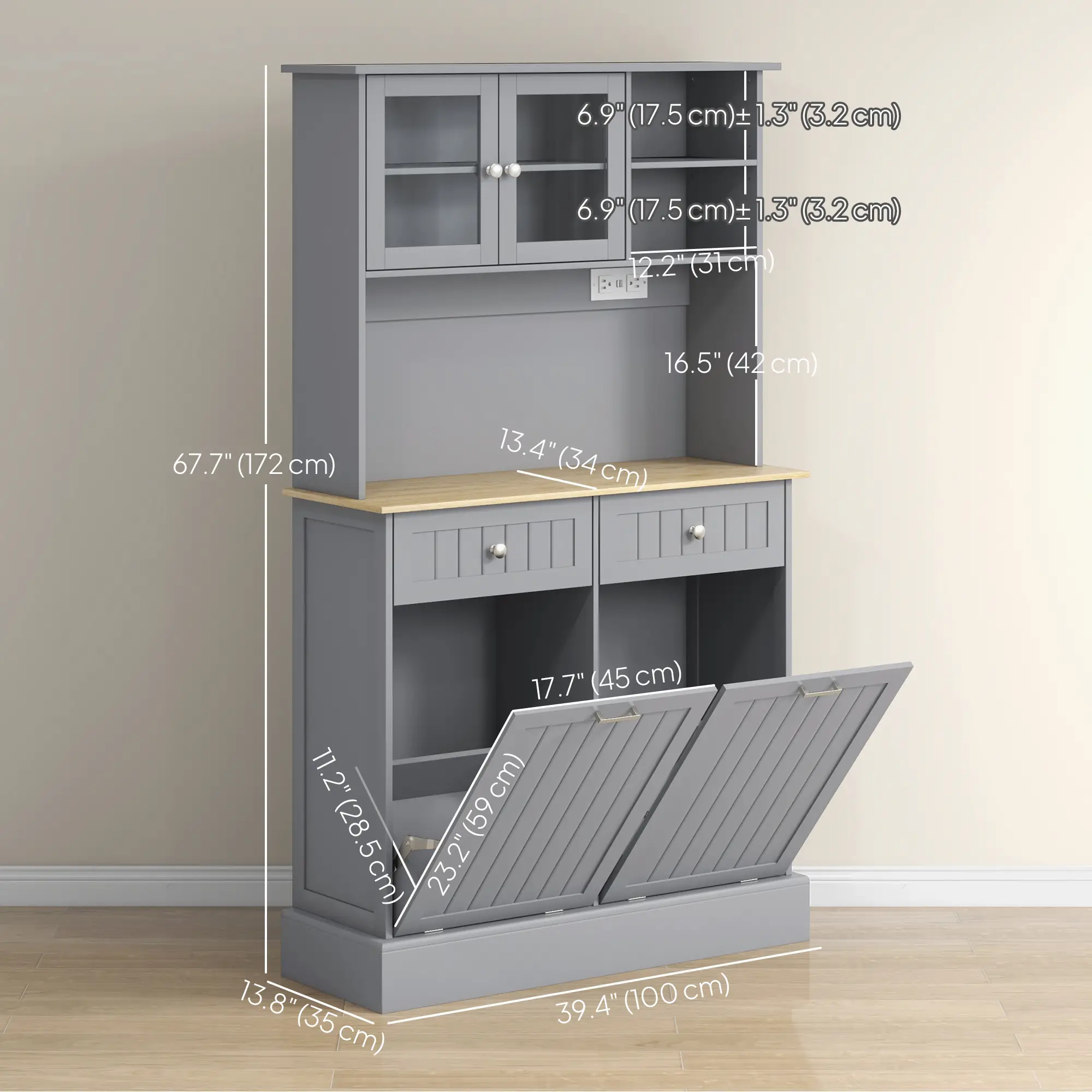 Kitchen Cabinet with Charging Station, 2 Tilt Out Cabinets, Microwave Stand, Grey - Image 3