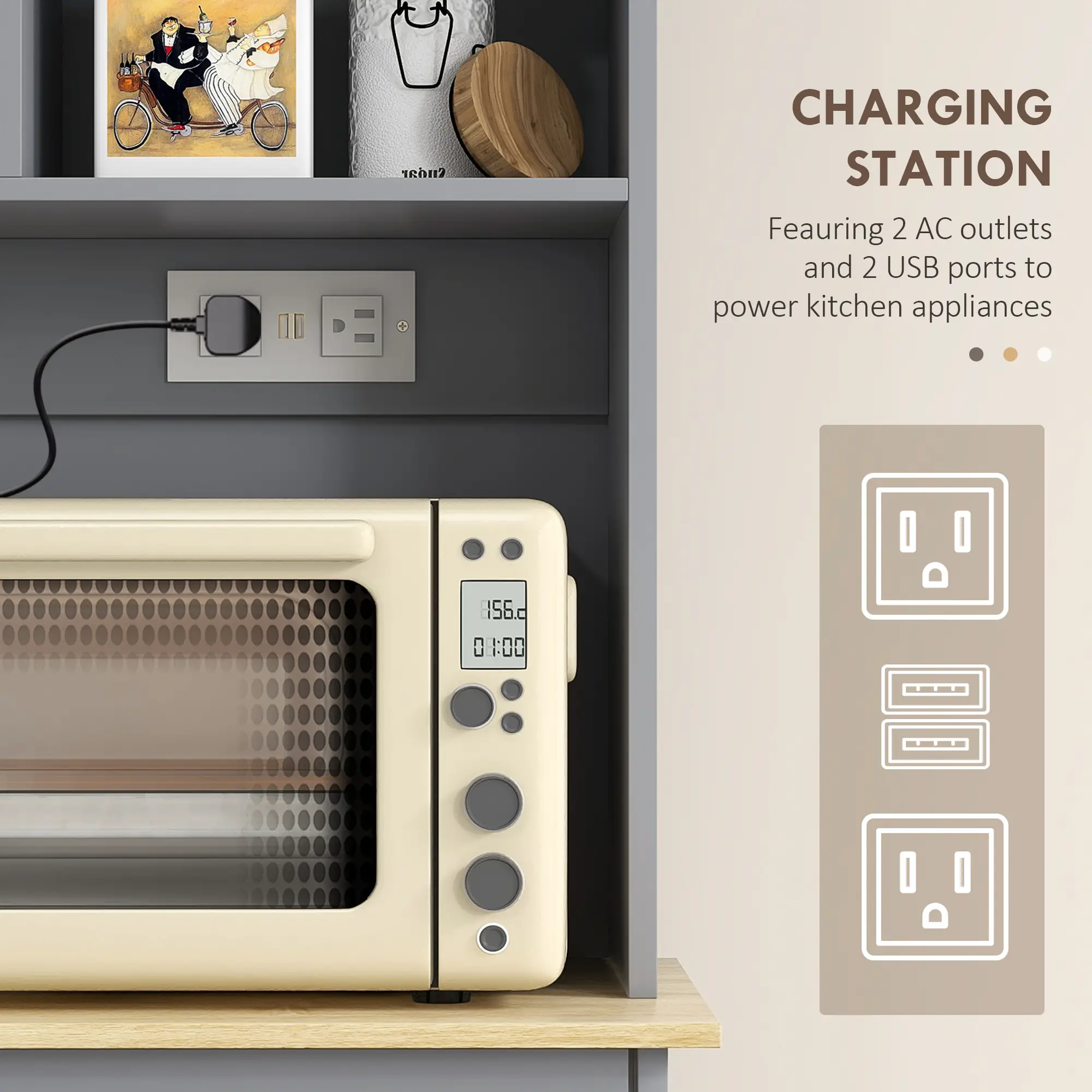 Kitchen Cabinet with Charging Station, 2 Tilt Out Cabinets, Microwave Stand, Grey - Image 4