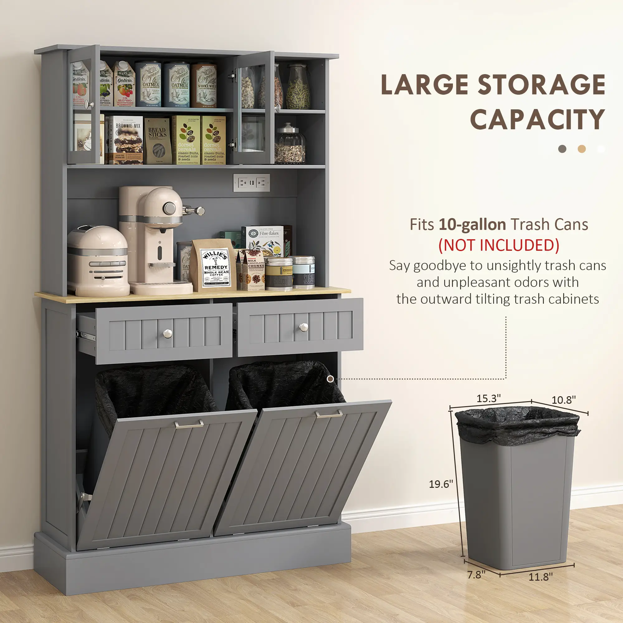 Kitchen Cabinet with Charging Station, 2 Tilt Out Cabinets, Microwave Stand, Grey - Image 5