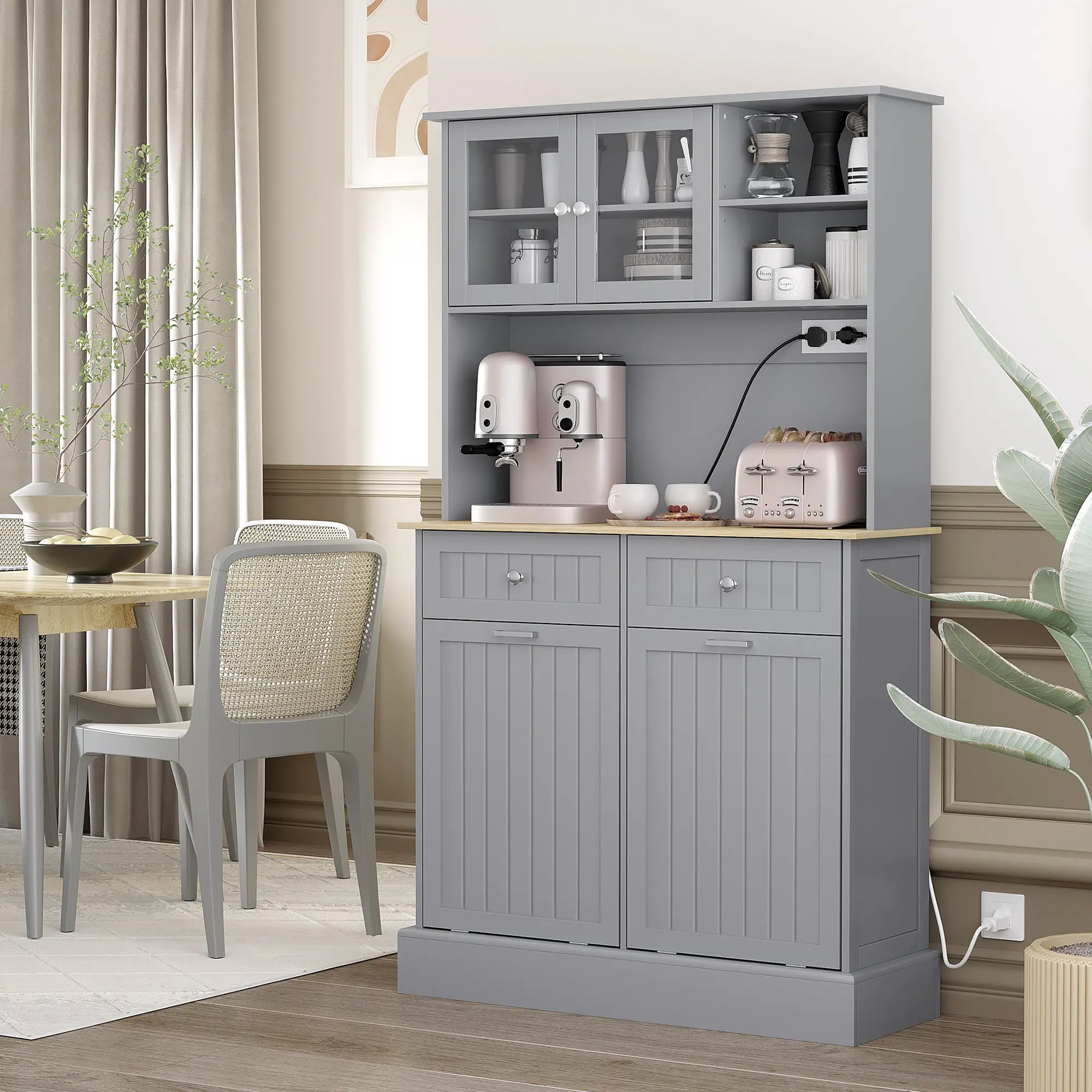 Kitchen Cabinet with Charging Station, 2 Tilt Out Cabinets, Microwave Stand, Grey - Image 8