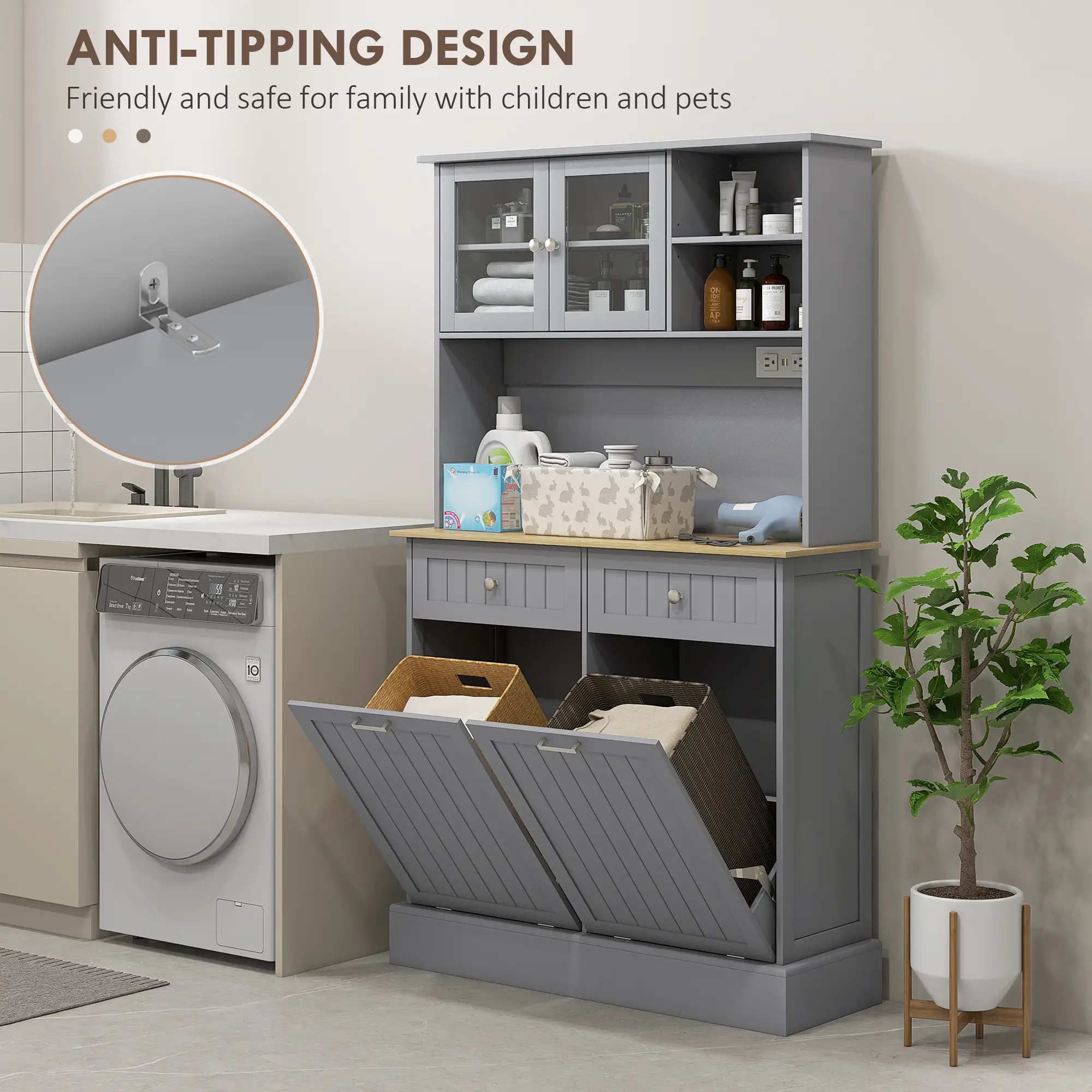 Kitchen Cabinet with Charging Station, 2 Tilt Out Cabinets, Microwave Stand, Grey - Image 9
