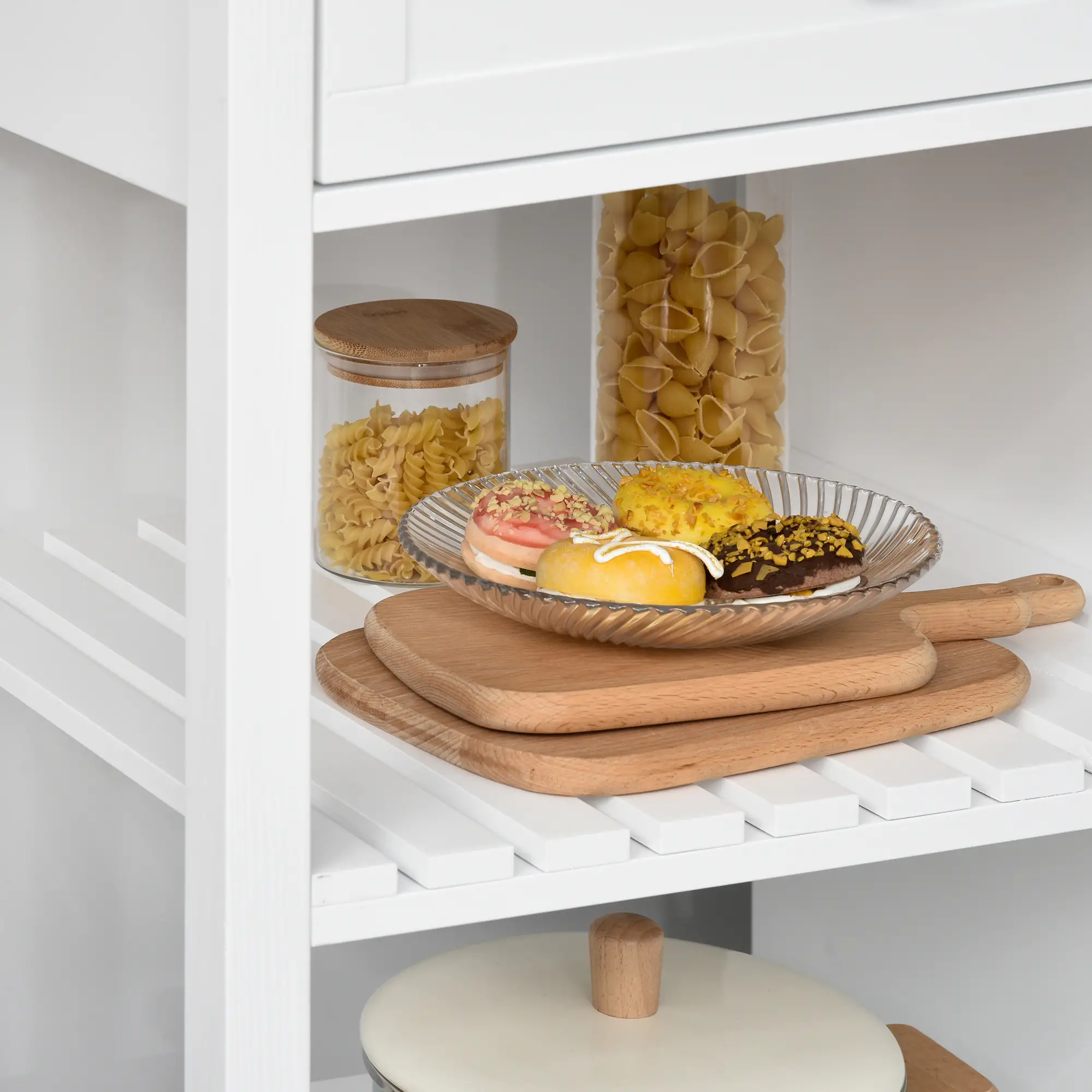 Kitchen Cart on Wheels, Utility Storage Island, Rubber Wood Top, White - Image 10