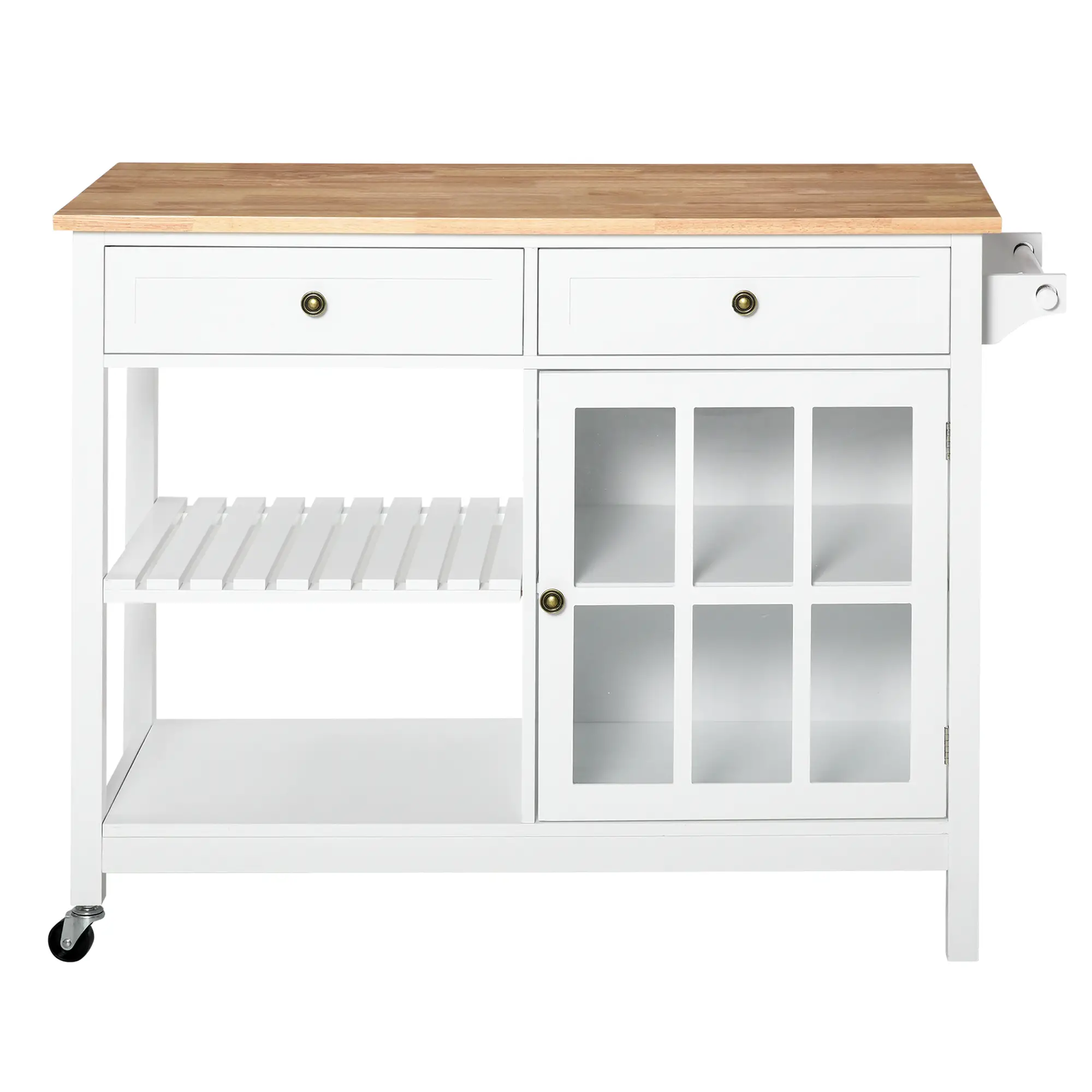 Kitchen Cart on Wheels, Utility Storage Island, Rubber Wood Top, White - Image 11