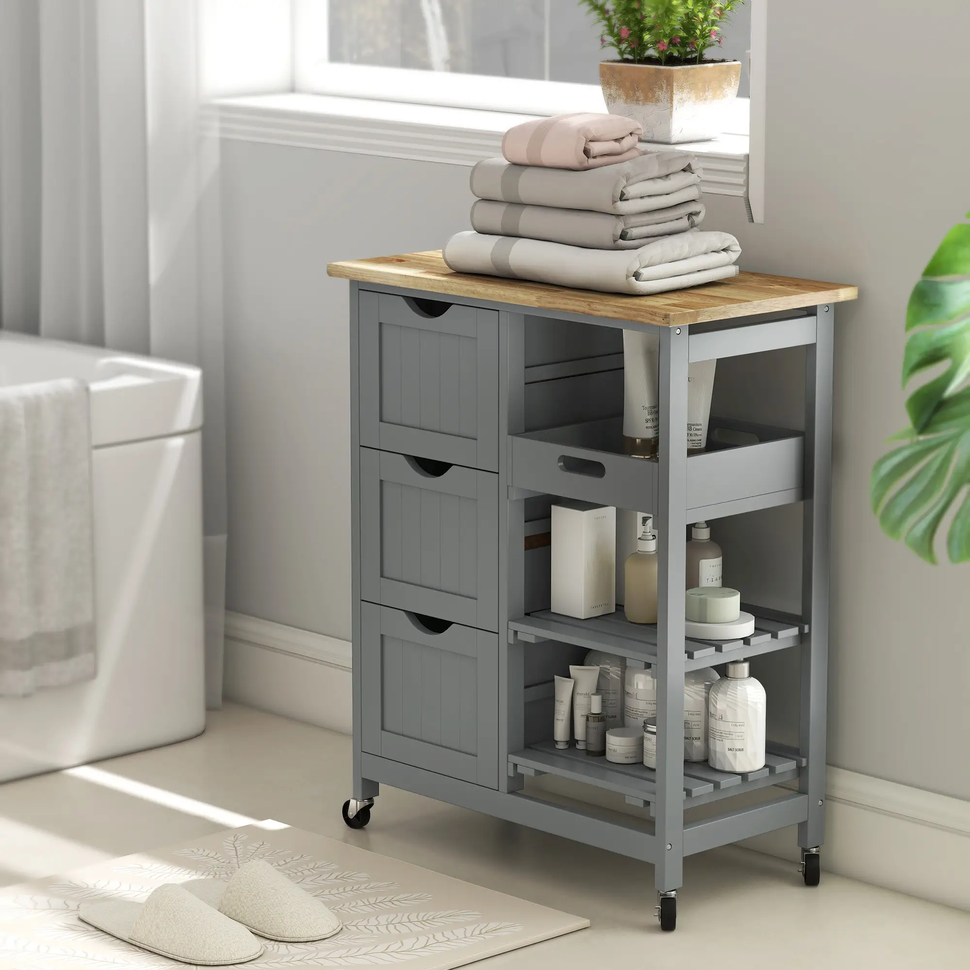 Kitchen Cart on Wheels, Wood Top, 3 Drawers, Shelves - Image 10