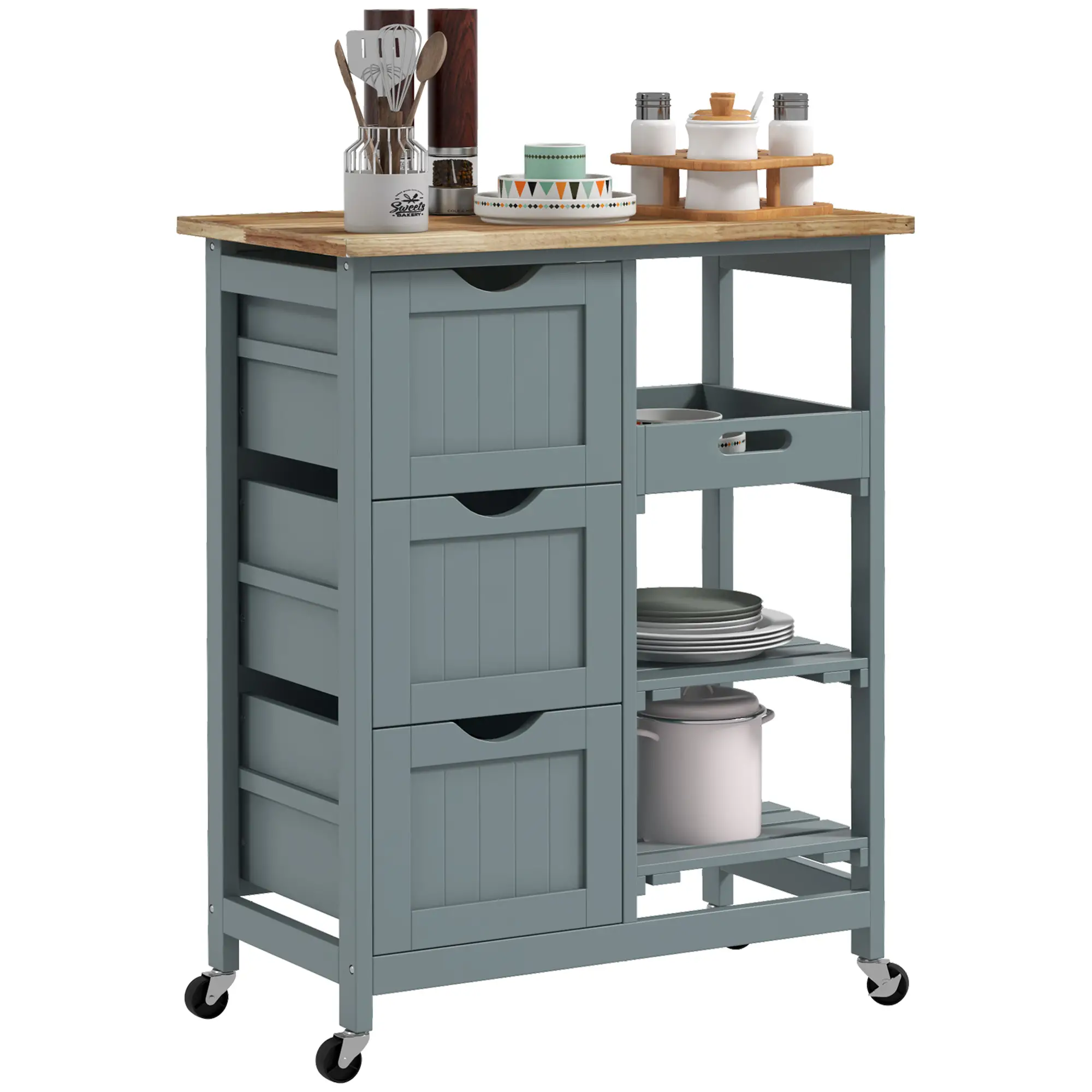 Kitchen Cart on Wheels, Wood Top, 3 Drawers, Shelves - Image 11