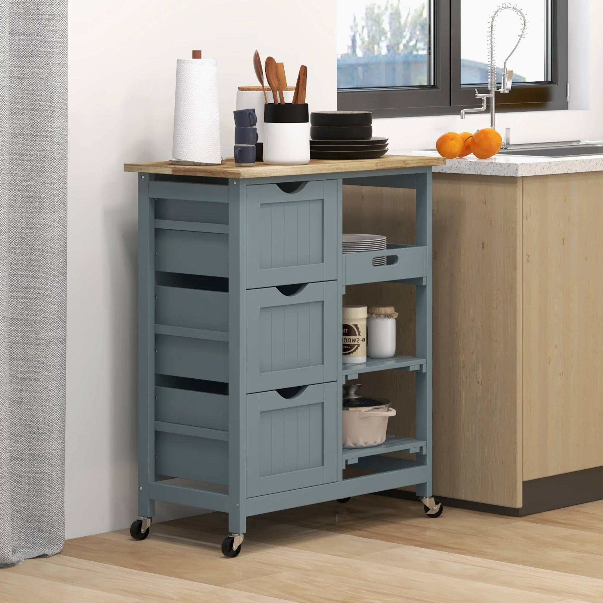 Kitchen Cart on Wheels, Wood Top, 3 Drawers, Shelves - Image 2