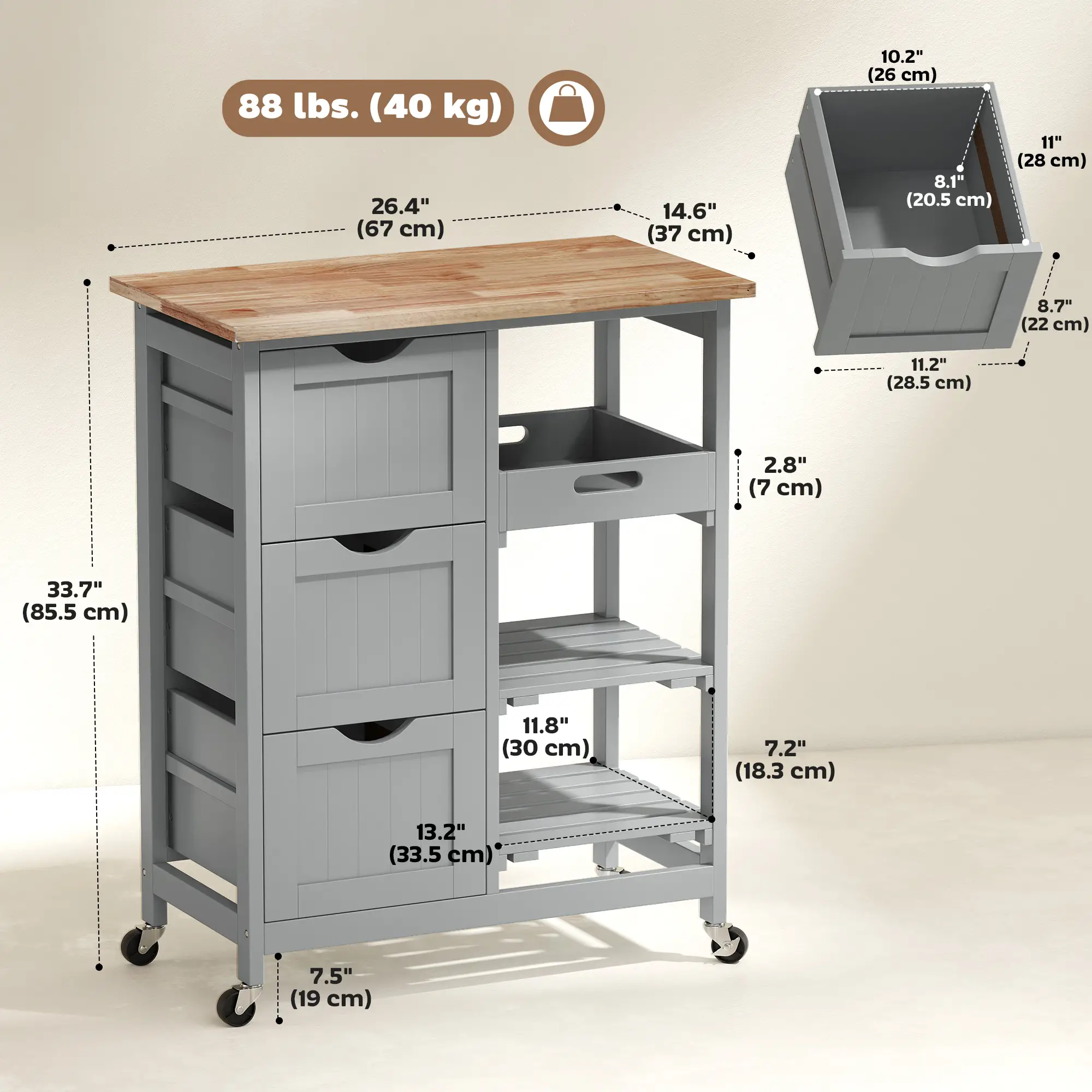 Kitchen Cart on Wheels, Wood Top, 3 Drawers, Shelves - Image 3