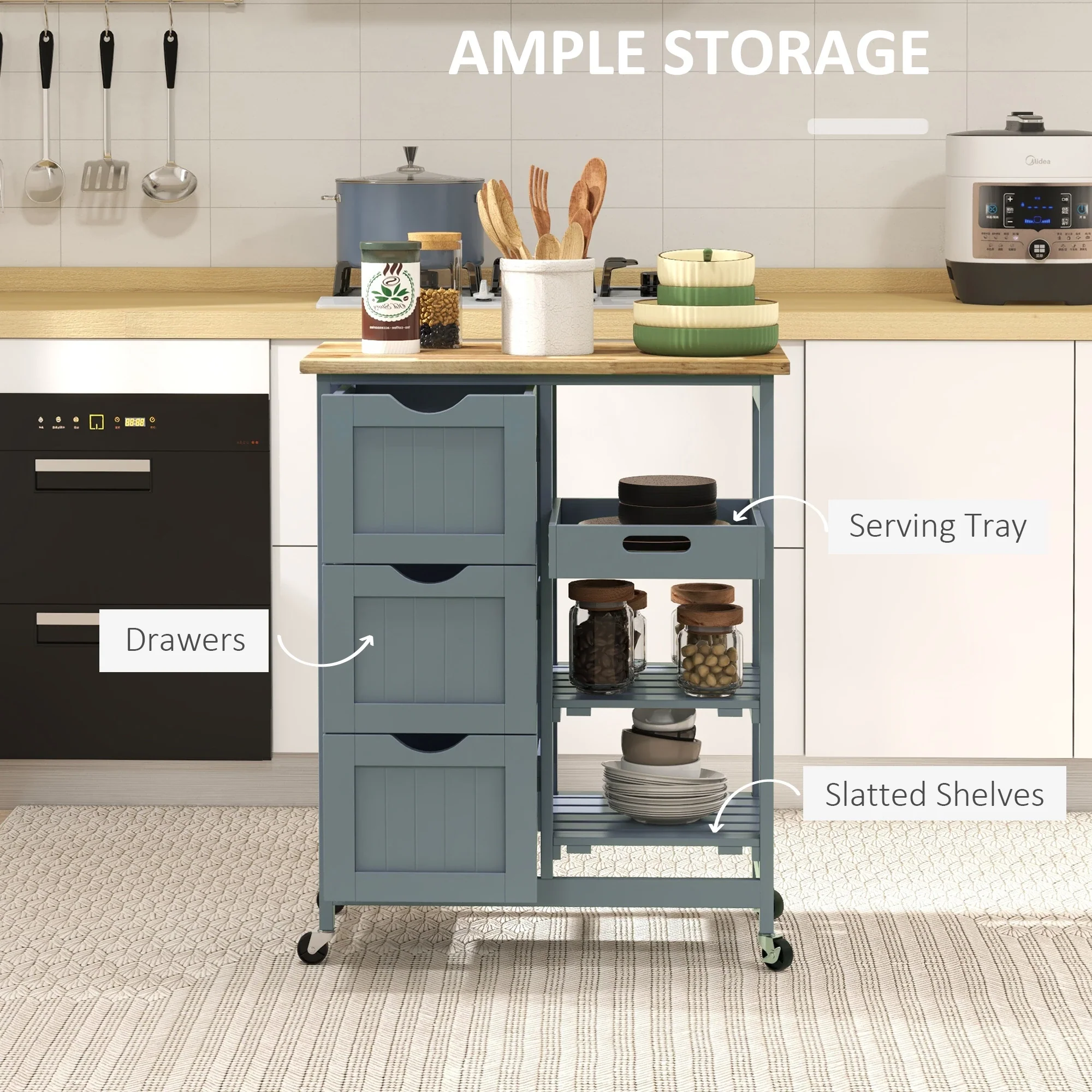 Kitchen Cart on Wheels, Wood Top, 3 Drawers, Shelves - Image 4