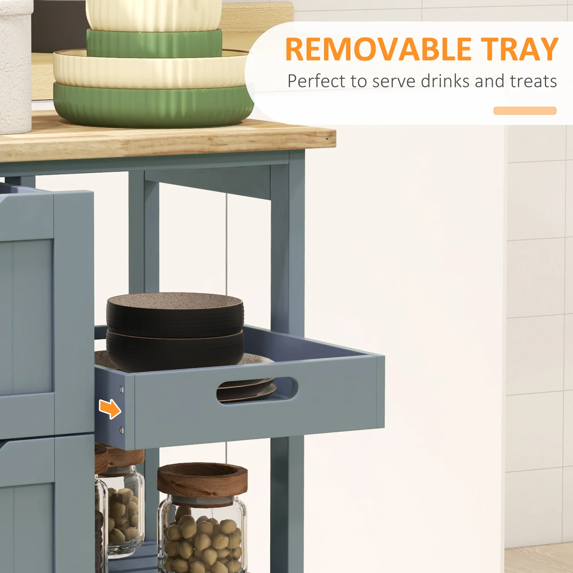 Kitchen Cart on Wheels, Wood Top, 3 Drawers, Shelves - Image 5