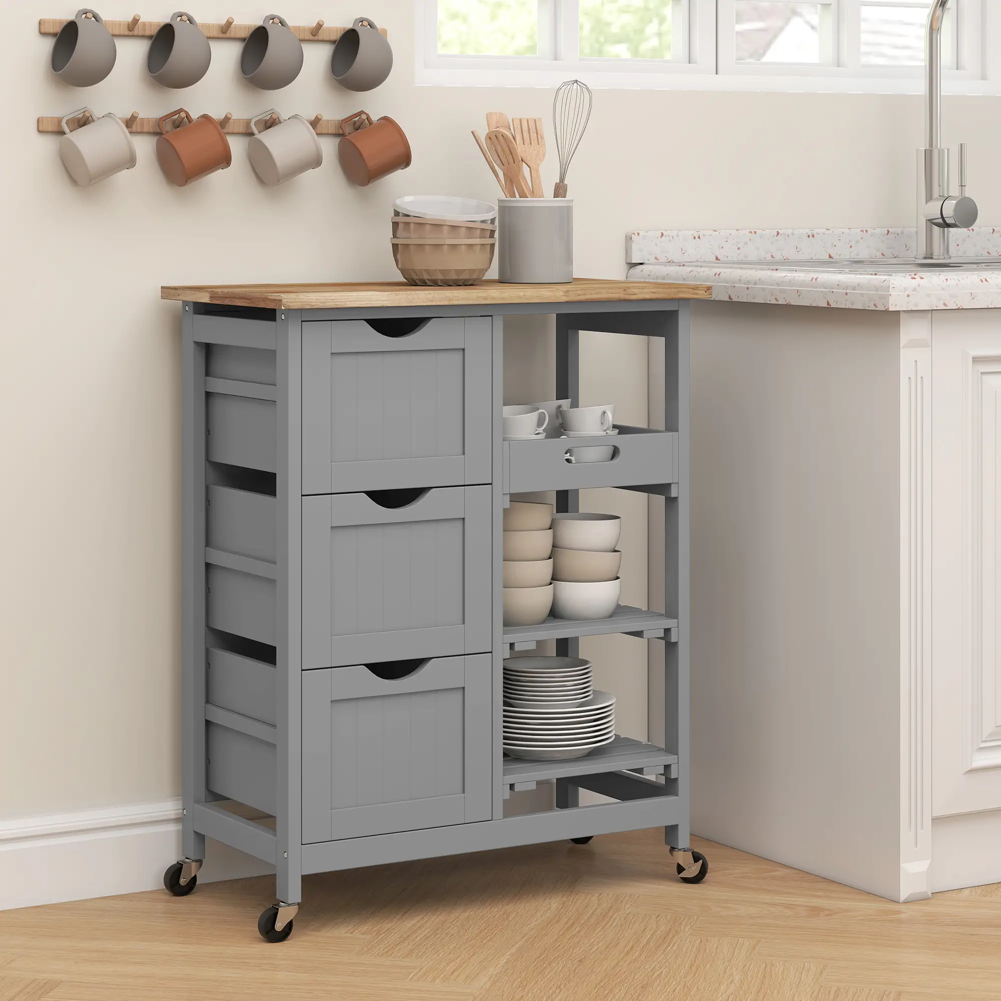 Kitchen Cart on Wheels, Wood Top, 3 Drawers, Shelves - Image 9