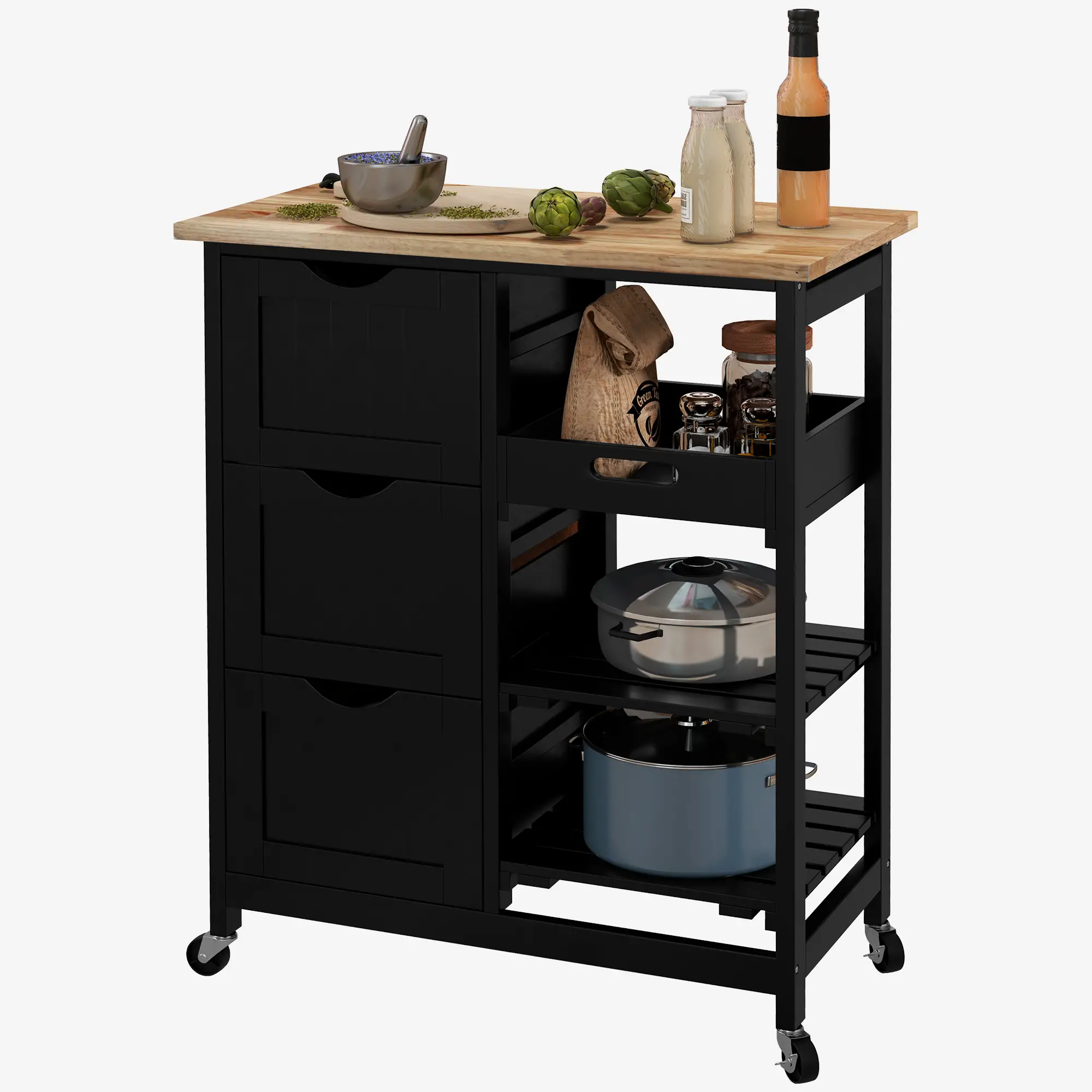 Kitchen Cart on Wheels, Wood Top, 3 Drawers, Shelves, Black