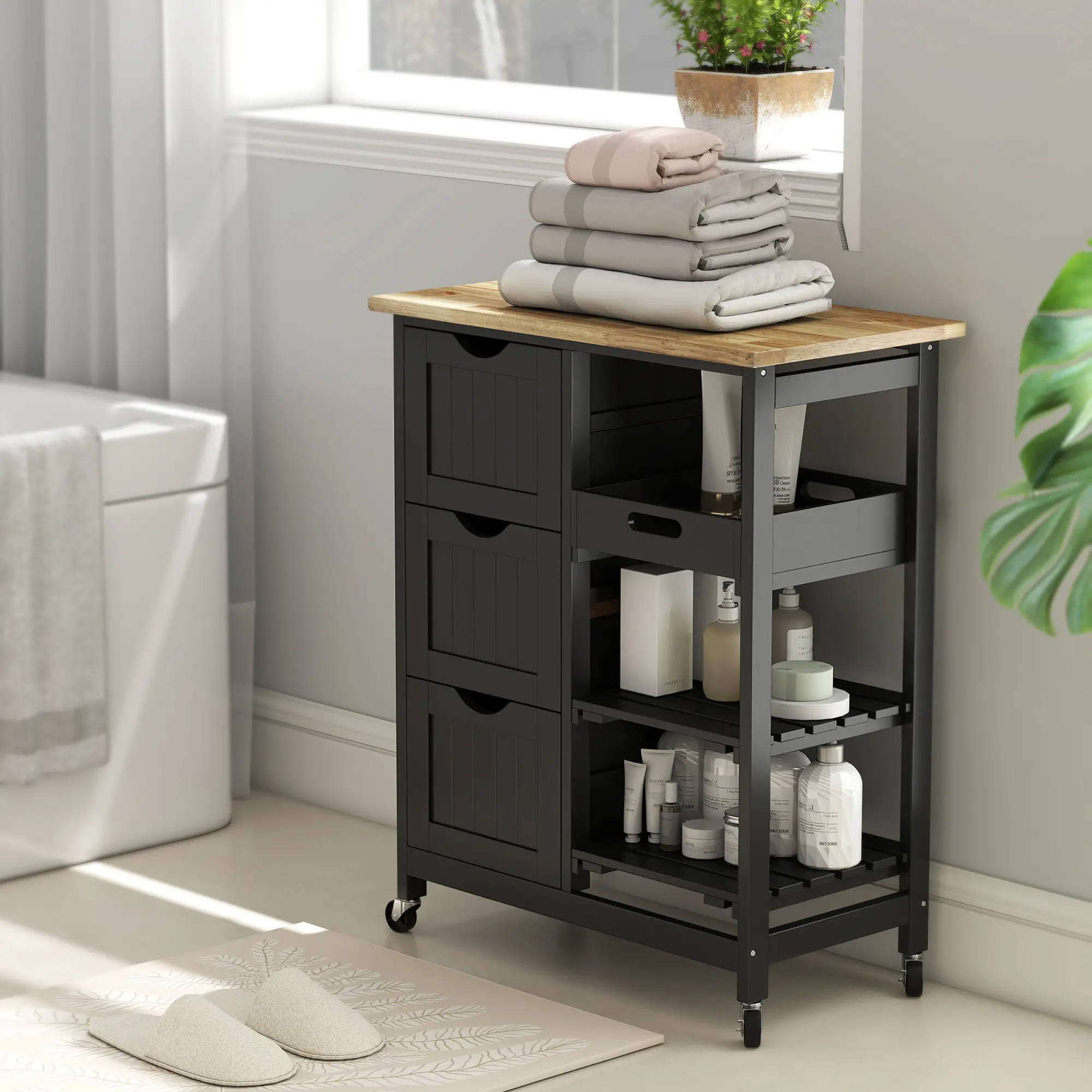 Kitchen Cart on Wheels, Wood Top, 3 Drawers, Shelves, Black - Image 10
