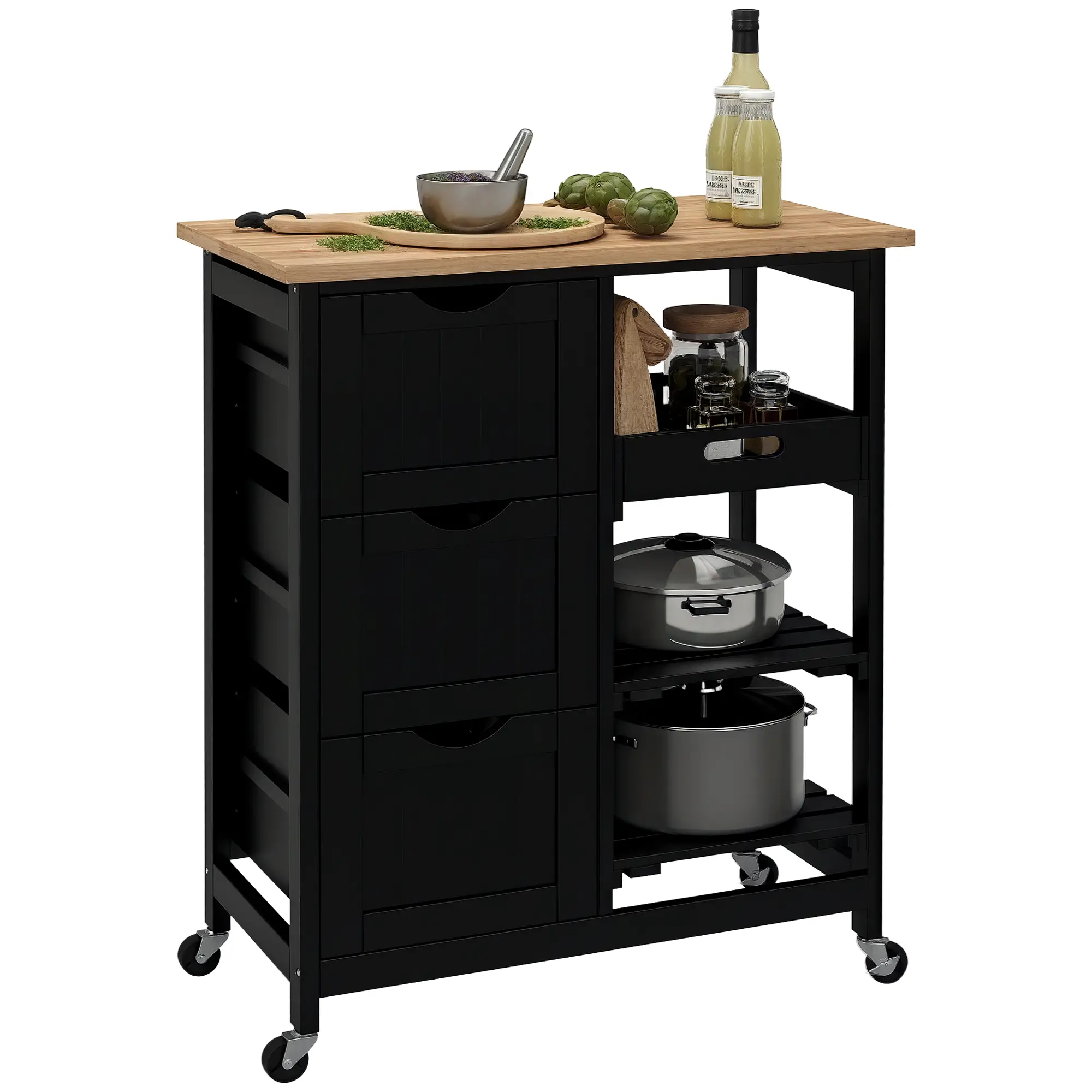 Kitchen Cart on Wheels, Wood Top, 3 Drawers, Shelves, Black - Image 11