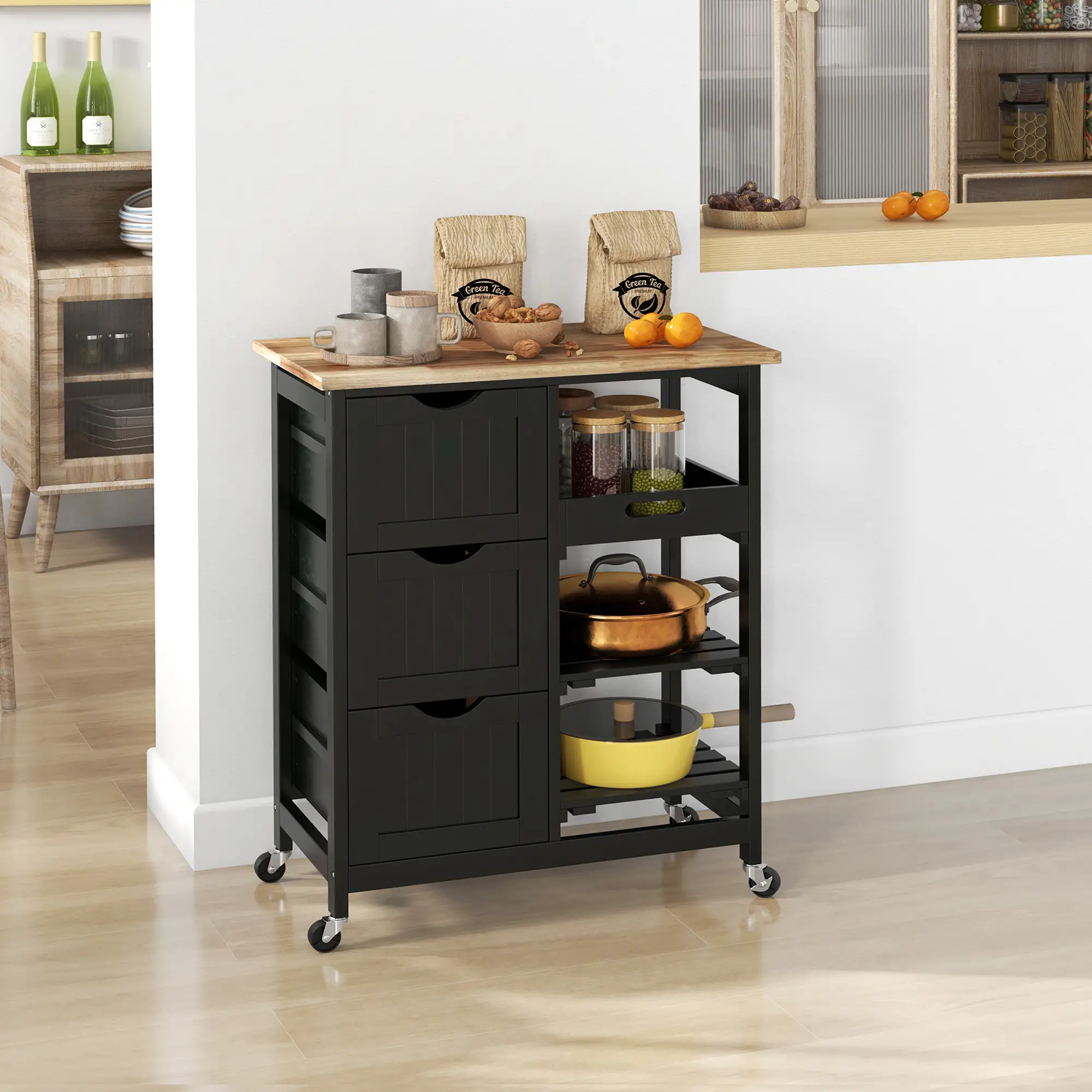 Kitchen Cart on Wheels, Wood Top, 3 Drawers, Shelves, Black - Image 2