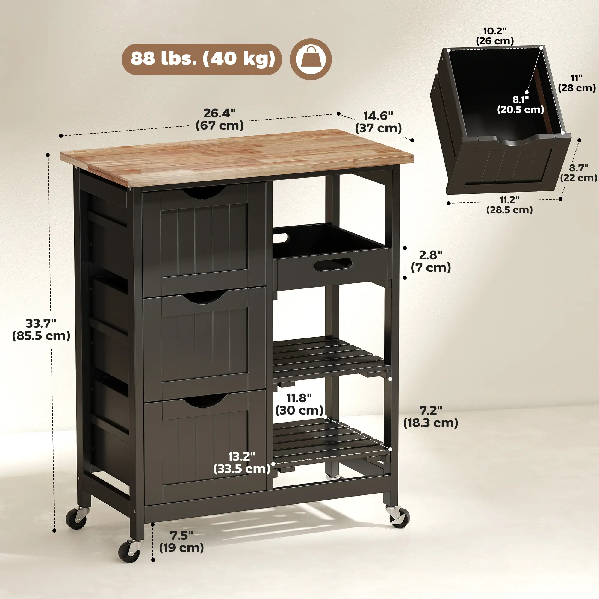 Kitchen Cart on Wheels, Wood Top, 3 Drawers, Shelves, Black - Image 3