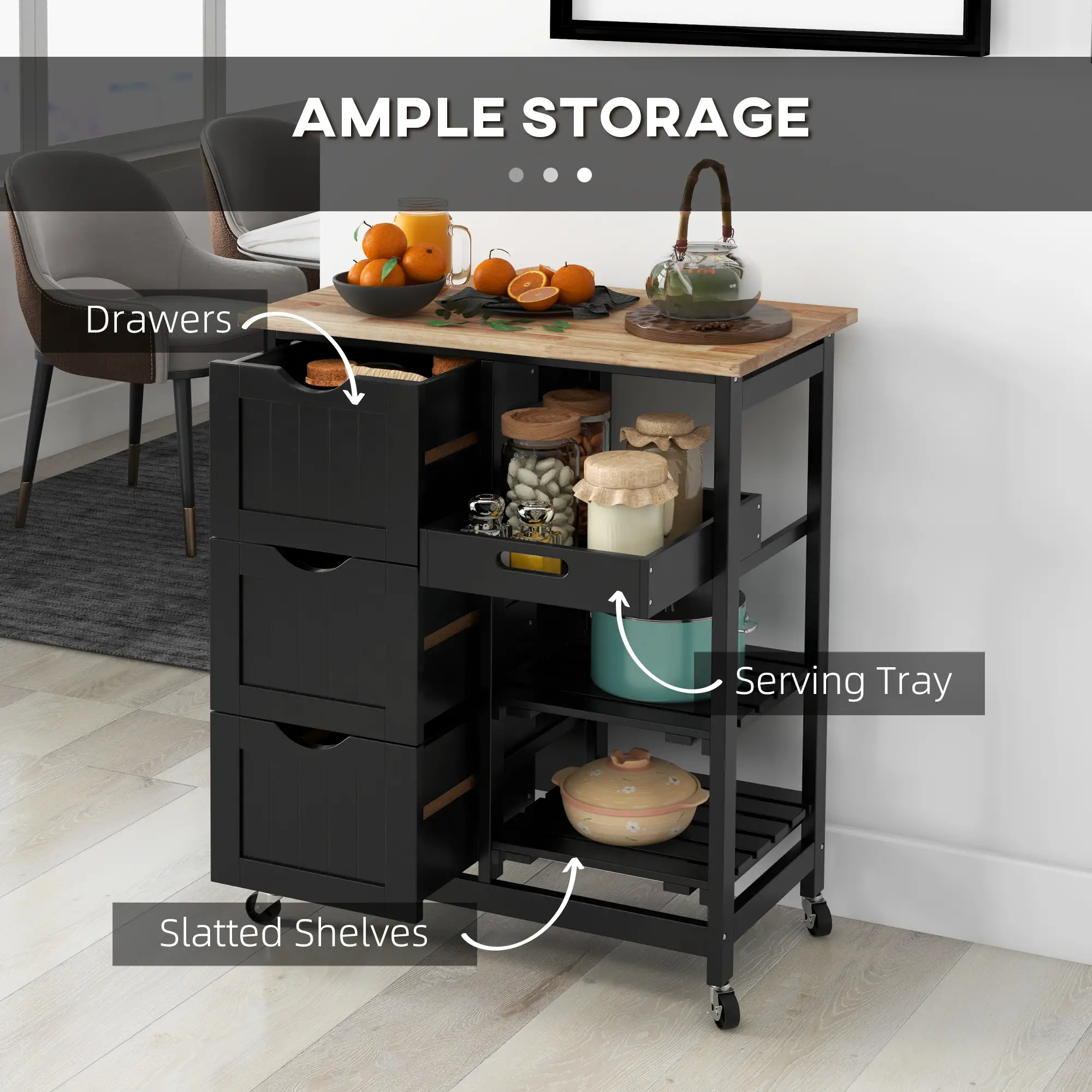 Kitchen Cart on Wheels, Wood Top, 3 Drawers, Shelves, Black - Image 4