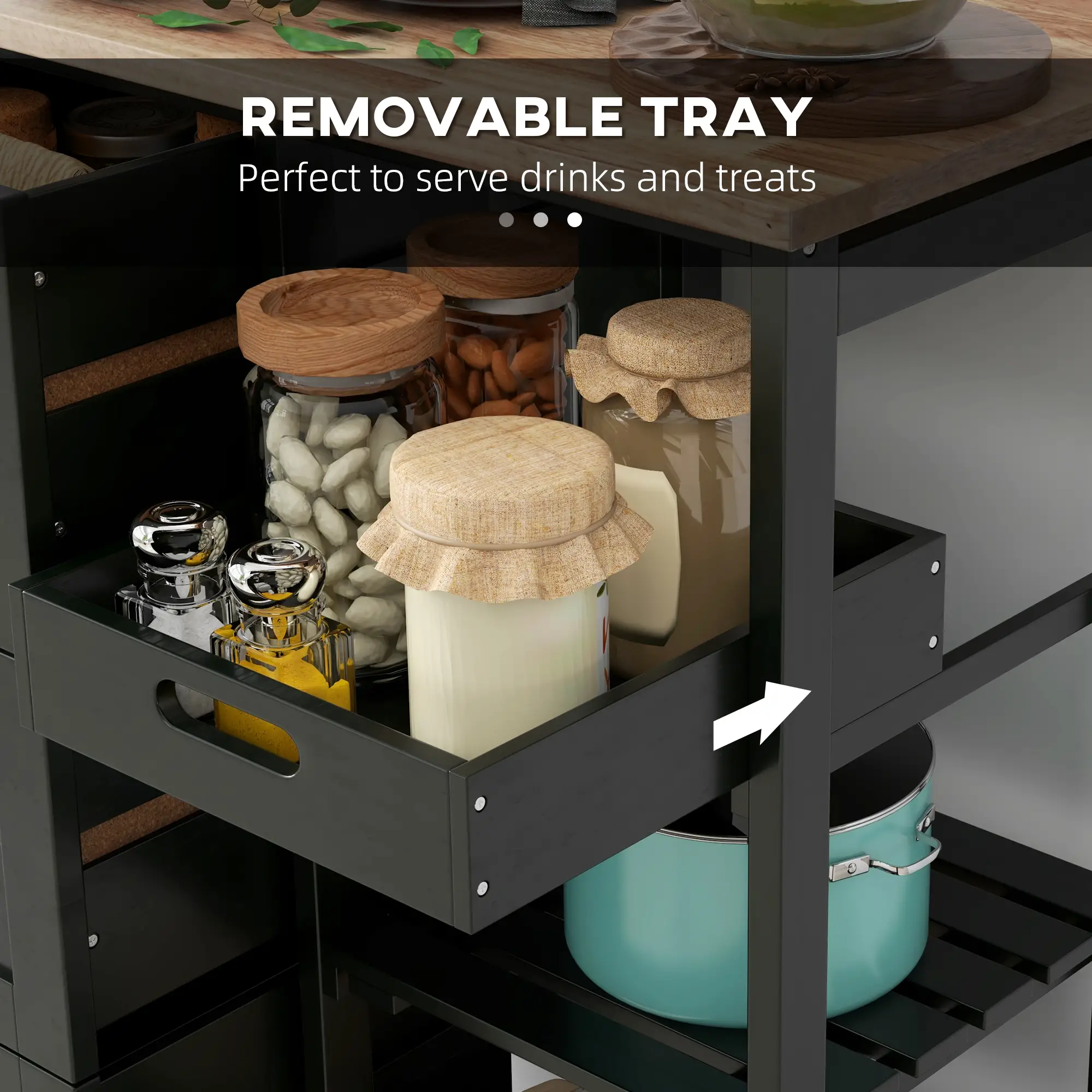 Kitchen Cart on Wheels, Wood Top, 3 Drawers, Shelves, Black - Image 5