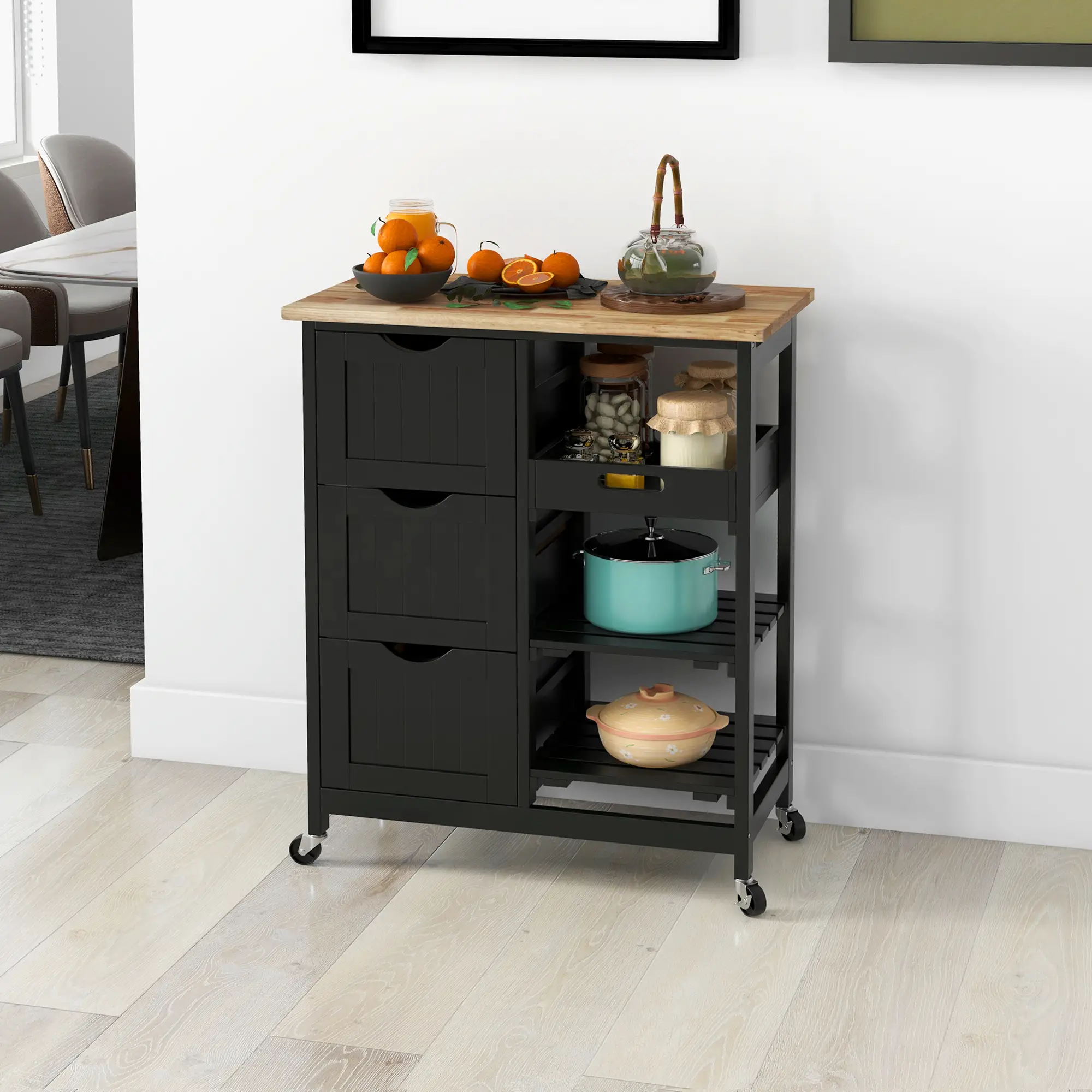 Kitchen Cart on Wheels, Wood Top, 3 Drawers, Shelves, Black - Image 8