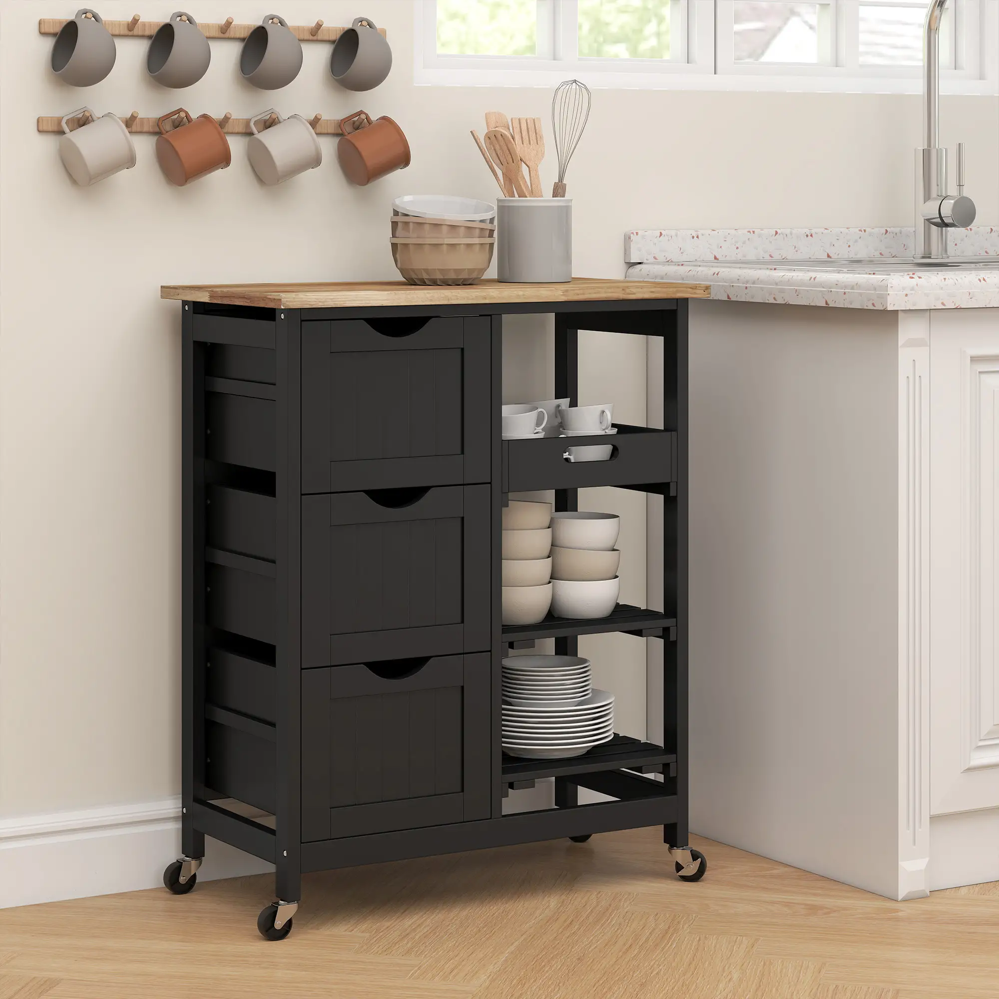 Kitchen Cart on Wheels, Wood Top, 3 Drawers, Shelves, Black - Image 9