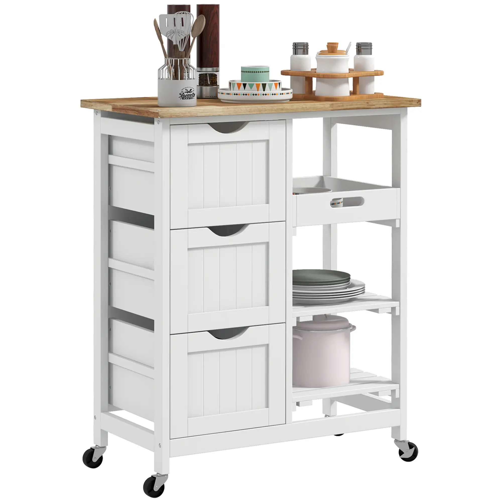 Kitchen Cart on Wheels, Wood Top, 3 Drawers, Shelves, Dining - Image 11