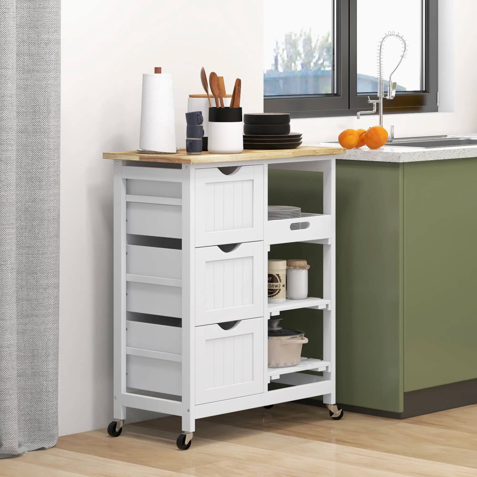 Kitchen Cart on Wheels, Wood Top, 3 Drawers, Shelves, Dining - Image 2