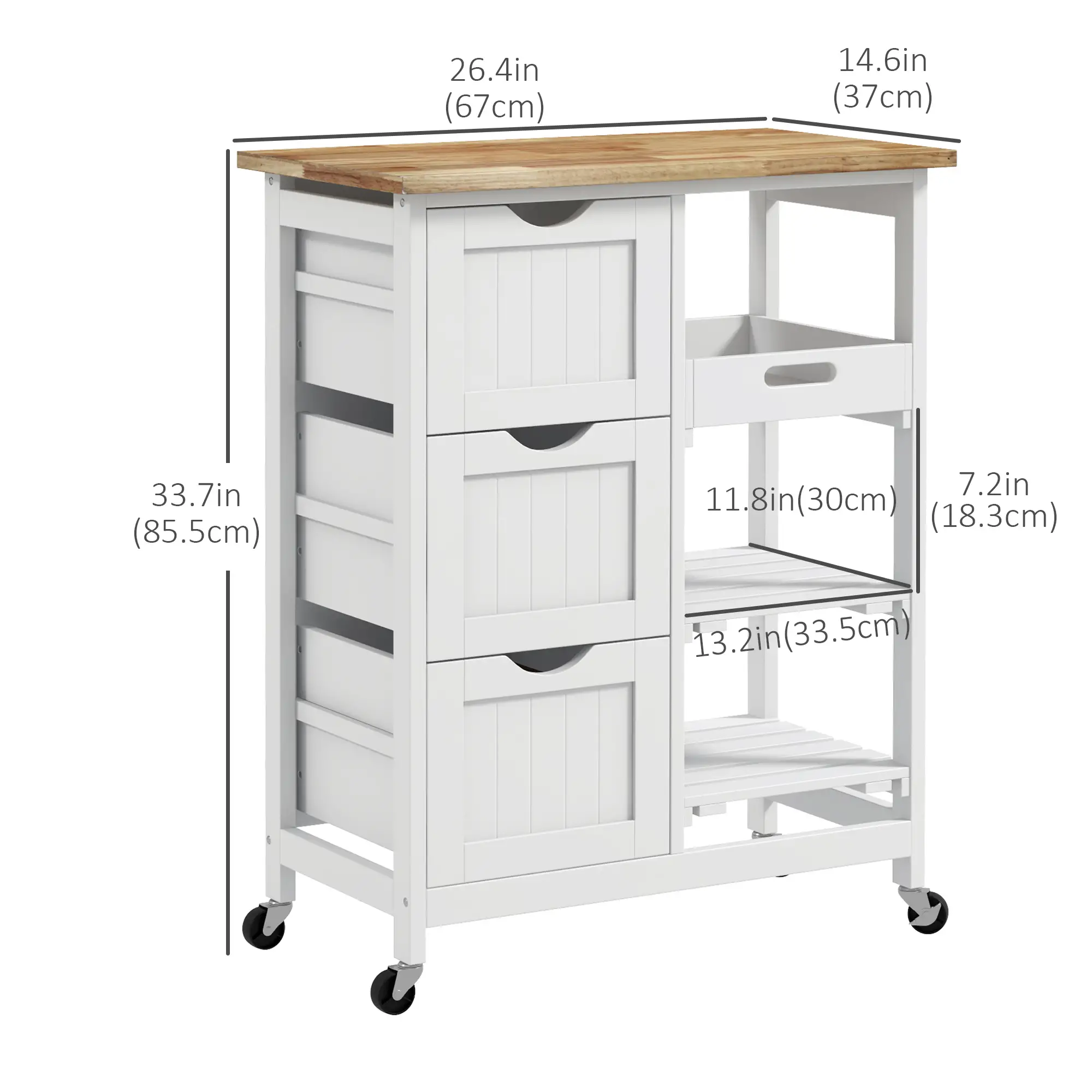 Kitchen Cart on Wheels, Wood Top, 3 Drawers, Shelves, Dining - Image 3