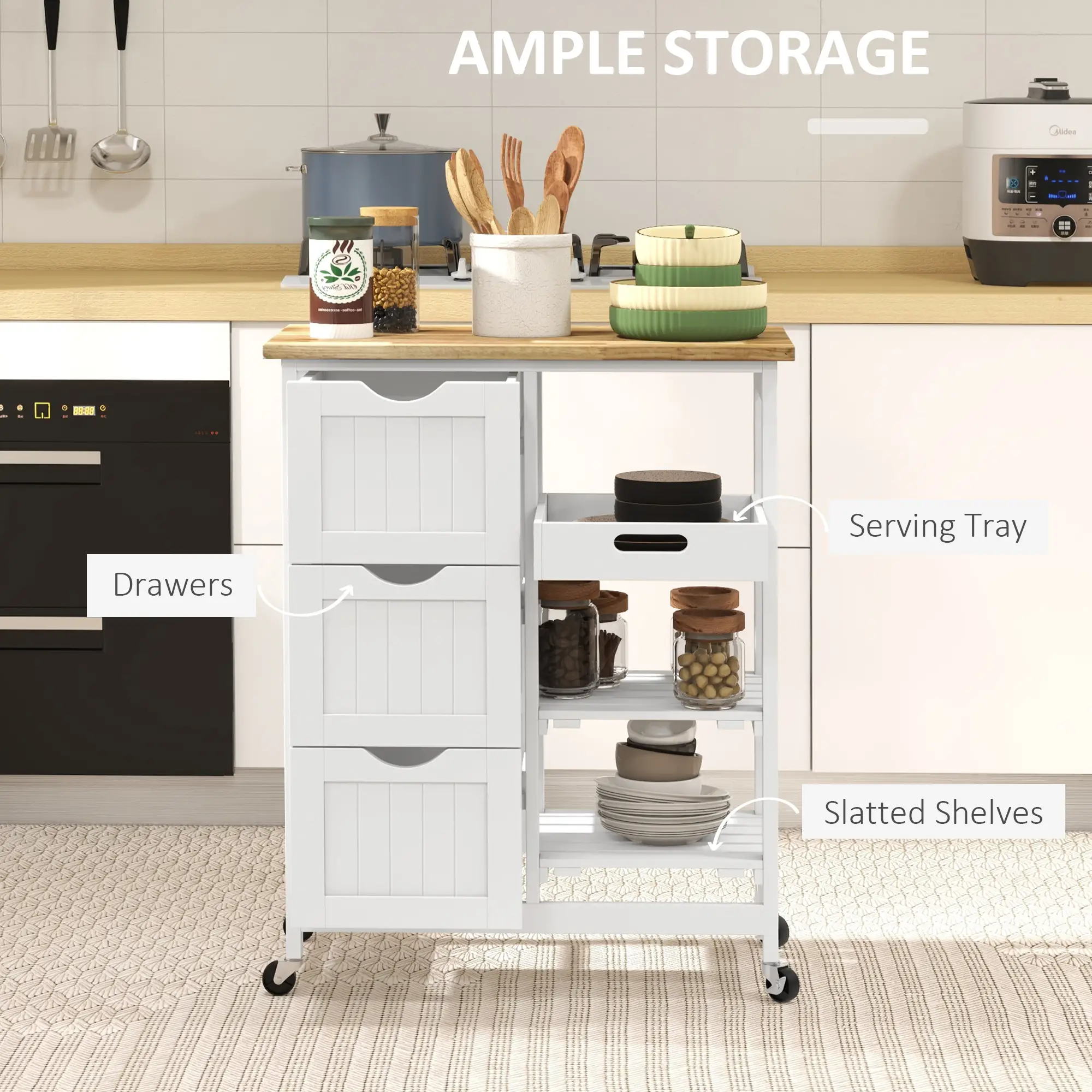 Kitchen Cart on Wheels, Wood Top, 3 Drawers, Shelves, Dining - Image 4