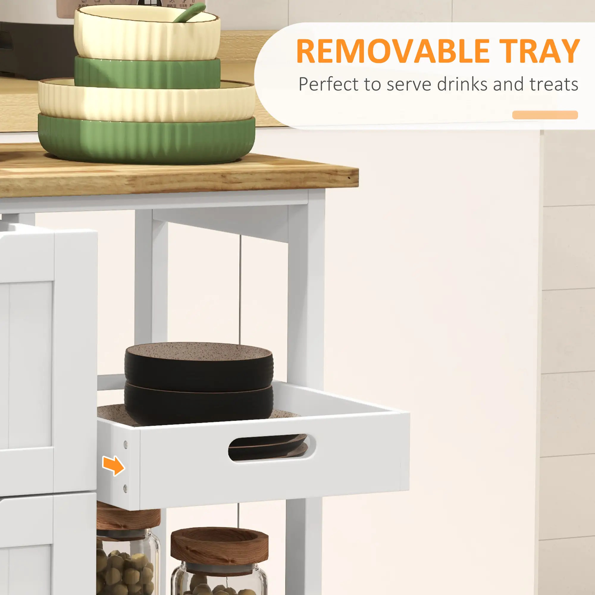 Kitchen Cart on Wheels, Wood Top, 3 Drawers, Shelves, Dining - Image 5