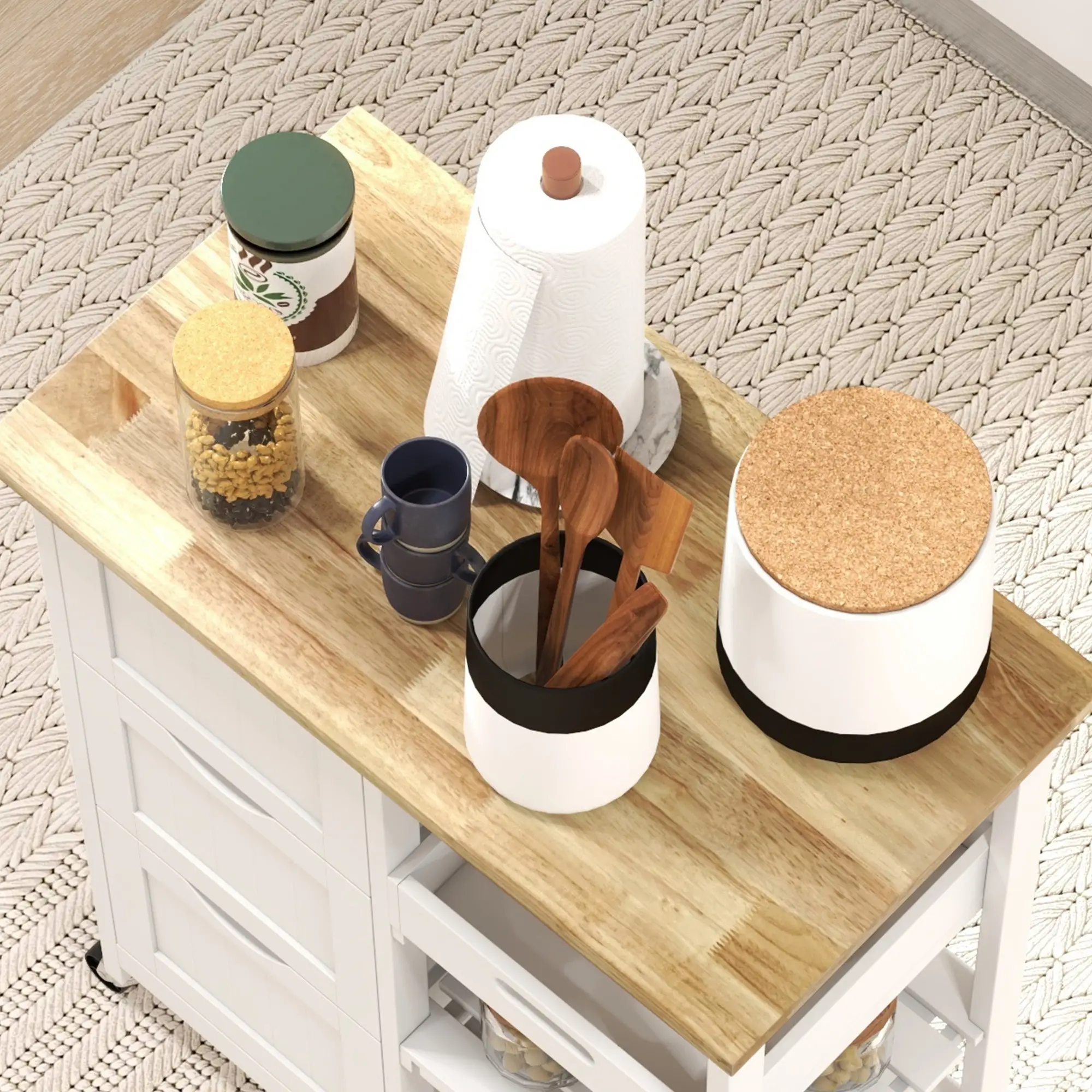 Kitchen Cart on Wheels, Wood Top, 3 Drawers, Shelves, Dining - Image 7
