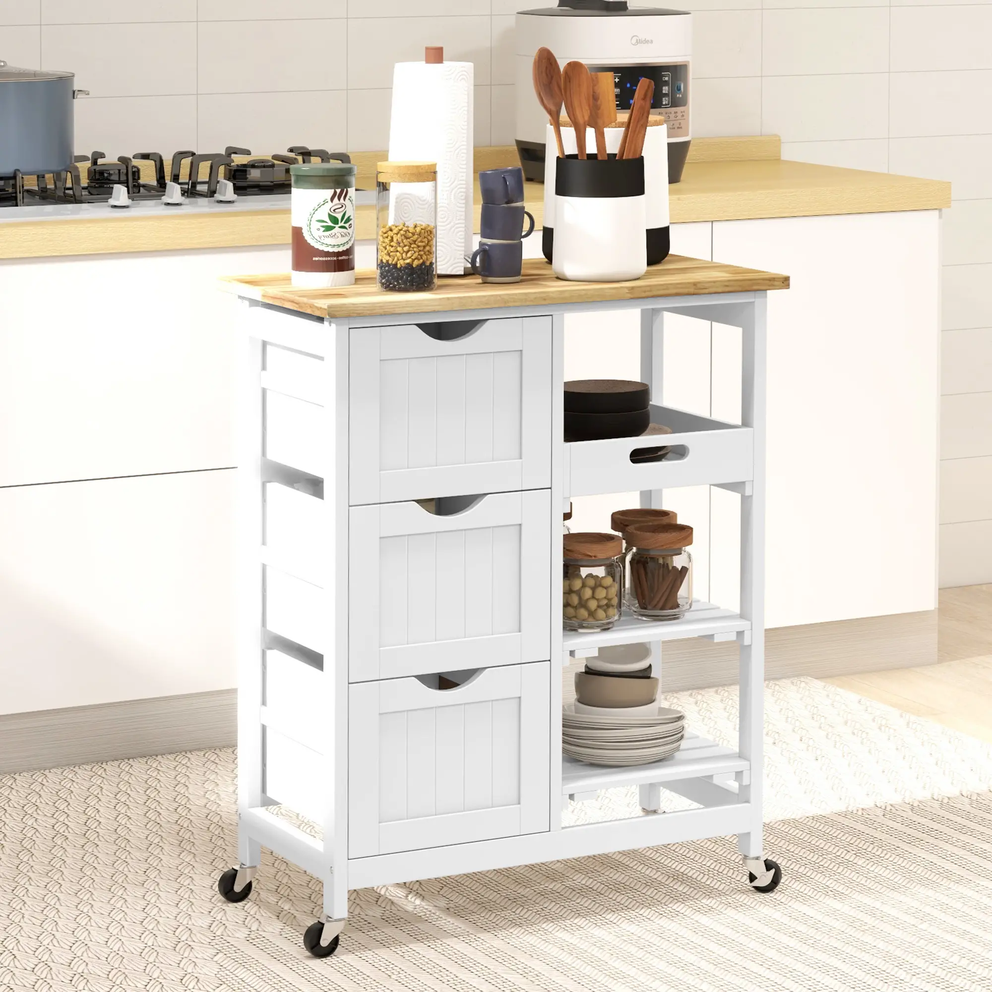 Kitchen Cart on Wheels, Wood Top, 3 Drawers, Shelves, Dining - Image 8