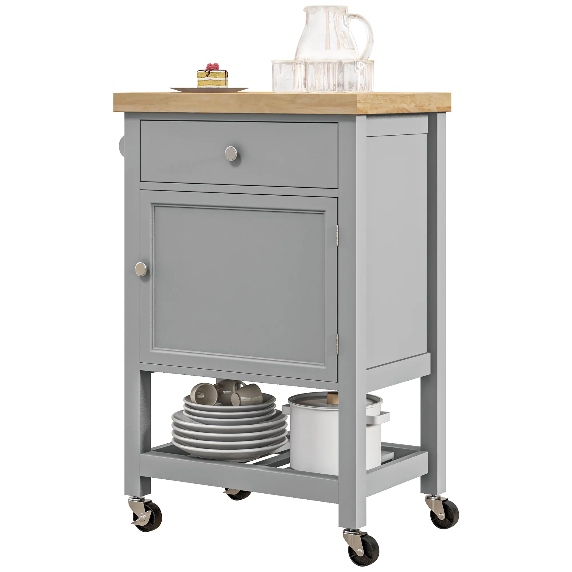 Kitchen Cart on Wheels, Wood Top, Towel Rack, Drawer, Shelf, Grey