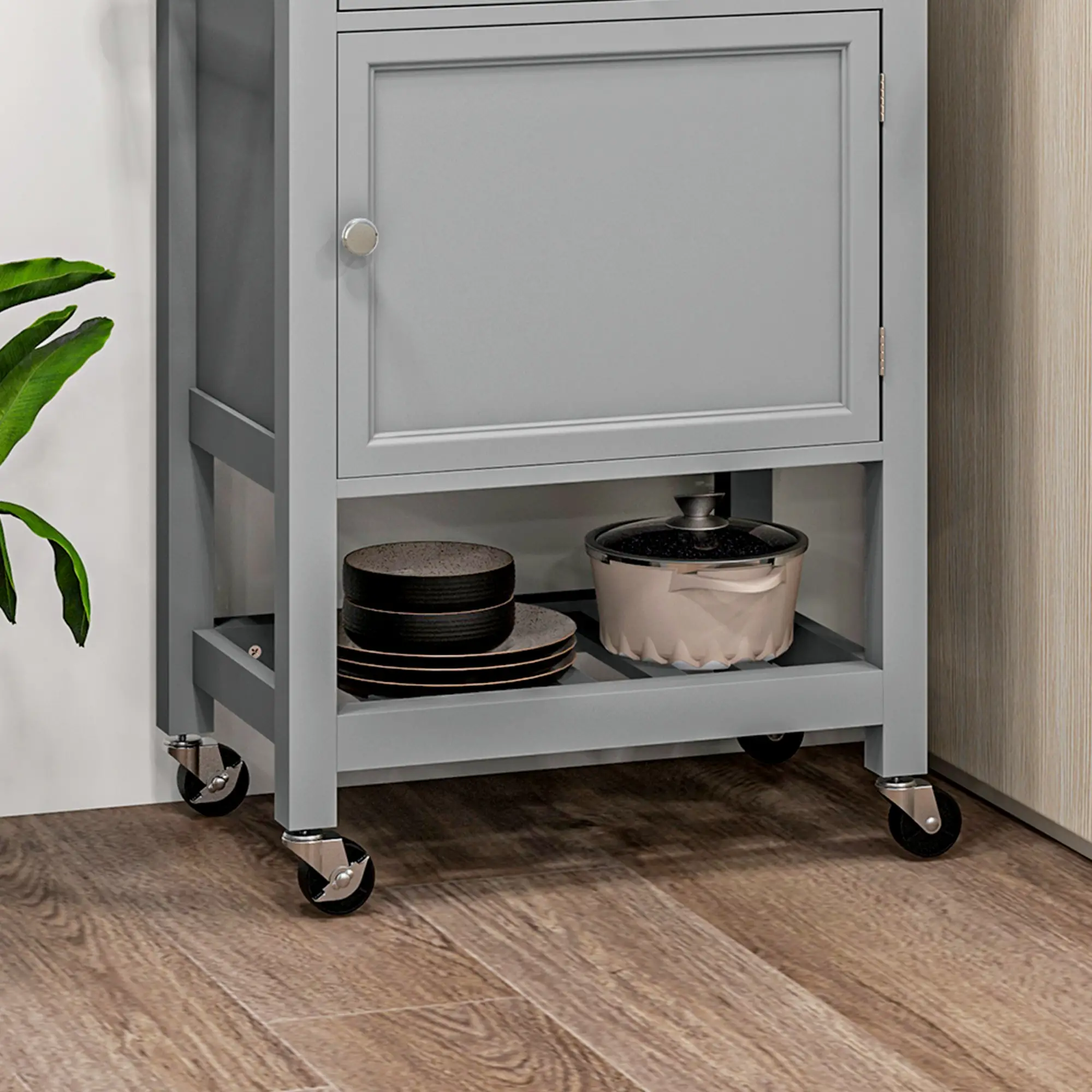 Kitchen Cart on Wheels, Wood Top, Towel Rack, Drawer, Shelf, Grey - Image 10