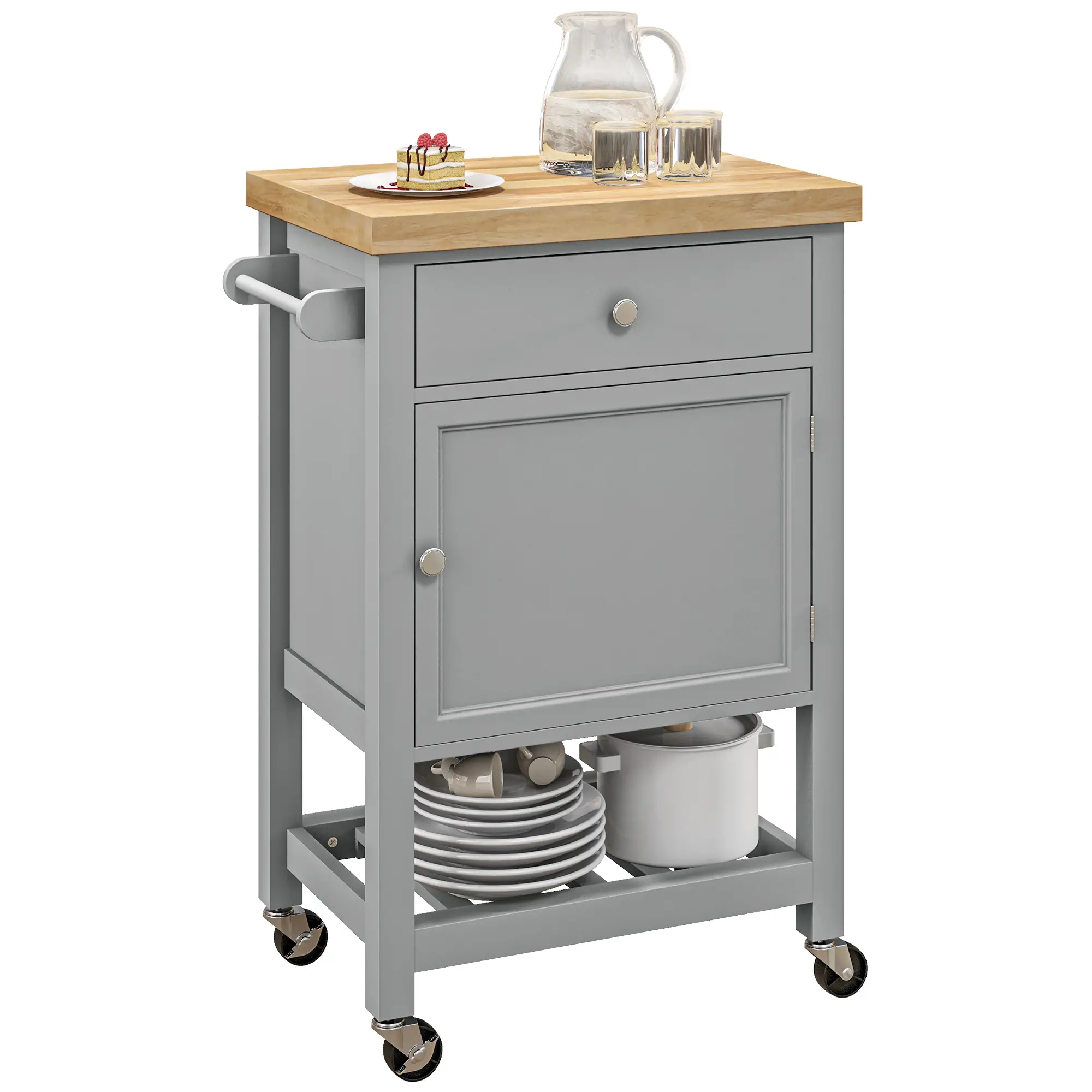 Kitchen Cart on Wheels, Wood Top, Towel Rack, Drawer, Shelf, Grey - Image 11