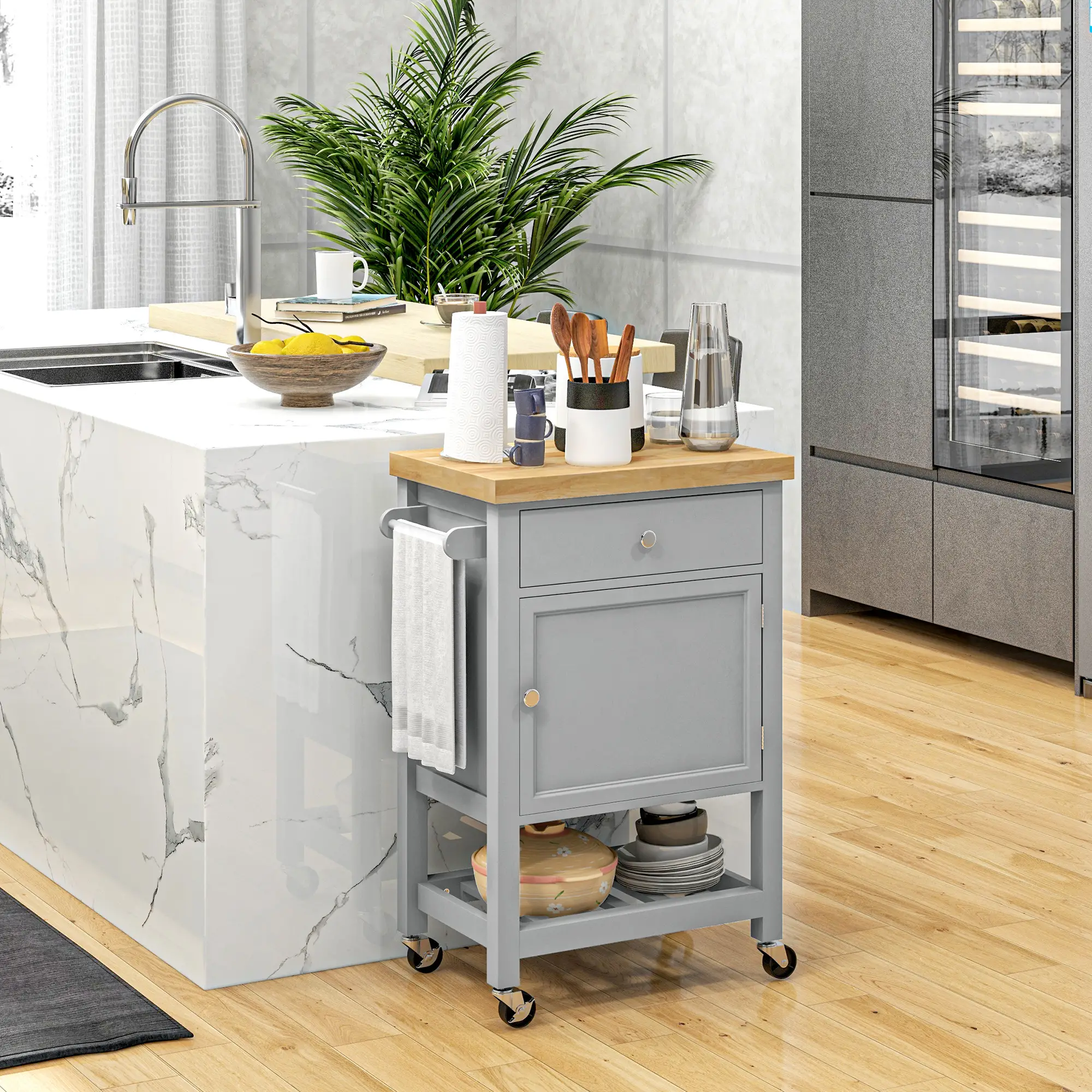 Kitchen Cart on Wheels, Wood Top, Towel Rack, Drawer, Shelf, Grey - Image 2