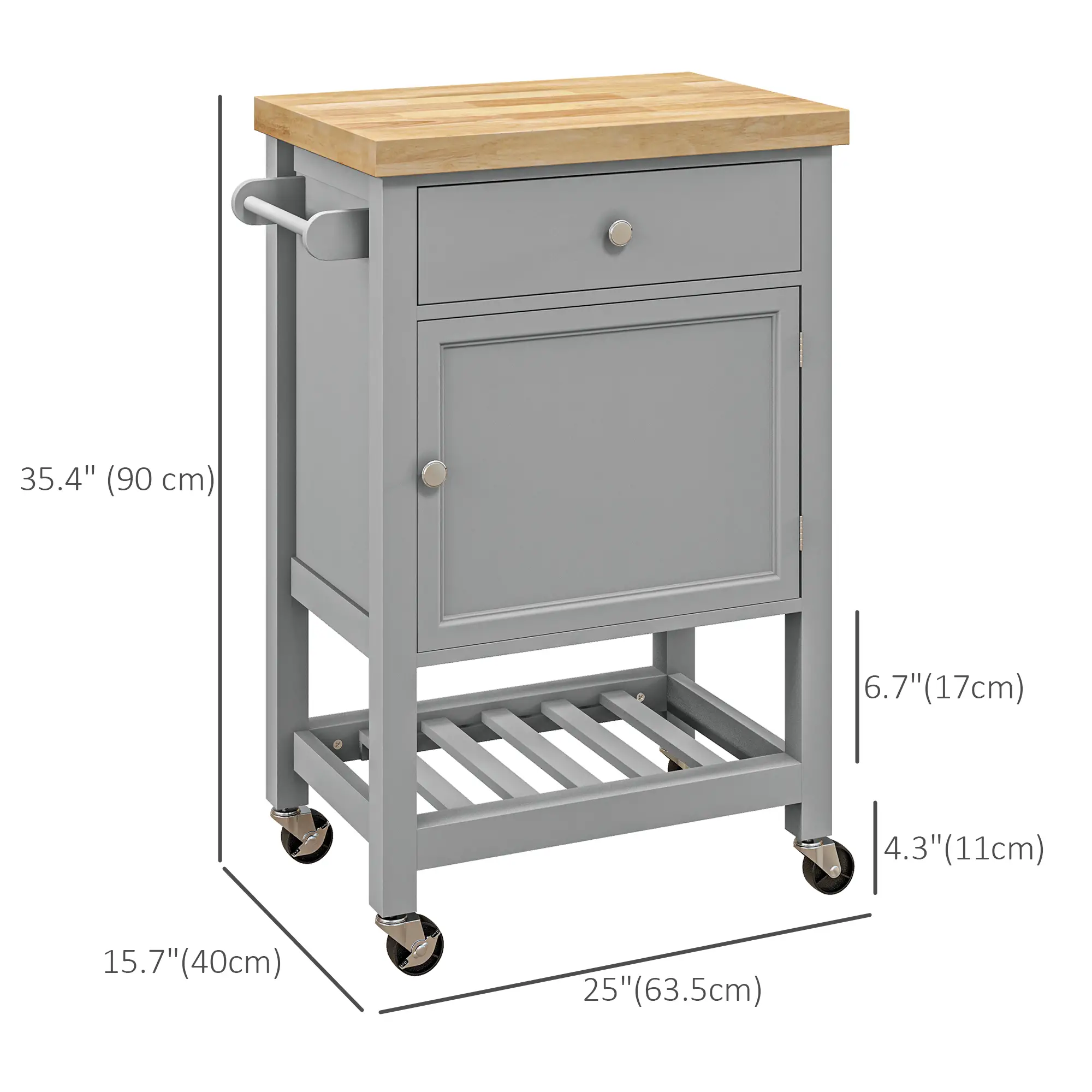 Kitchen Cart on Wheels, Wood Top, Towel Rack, Drawer, Shelf, Grey - Image 3