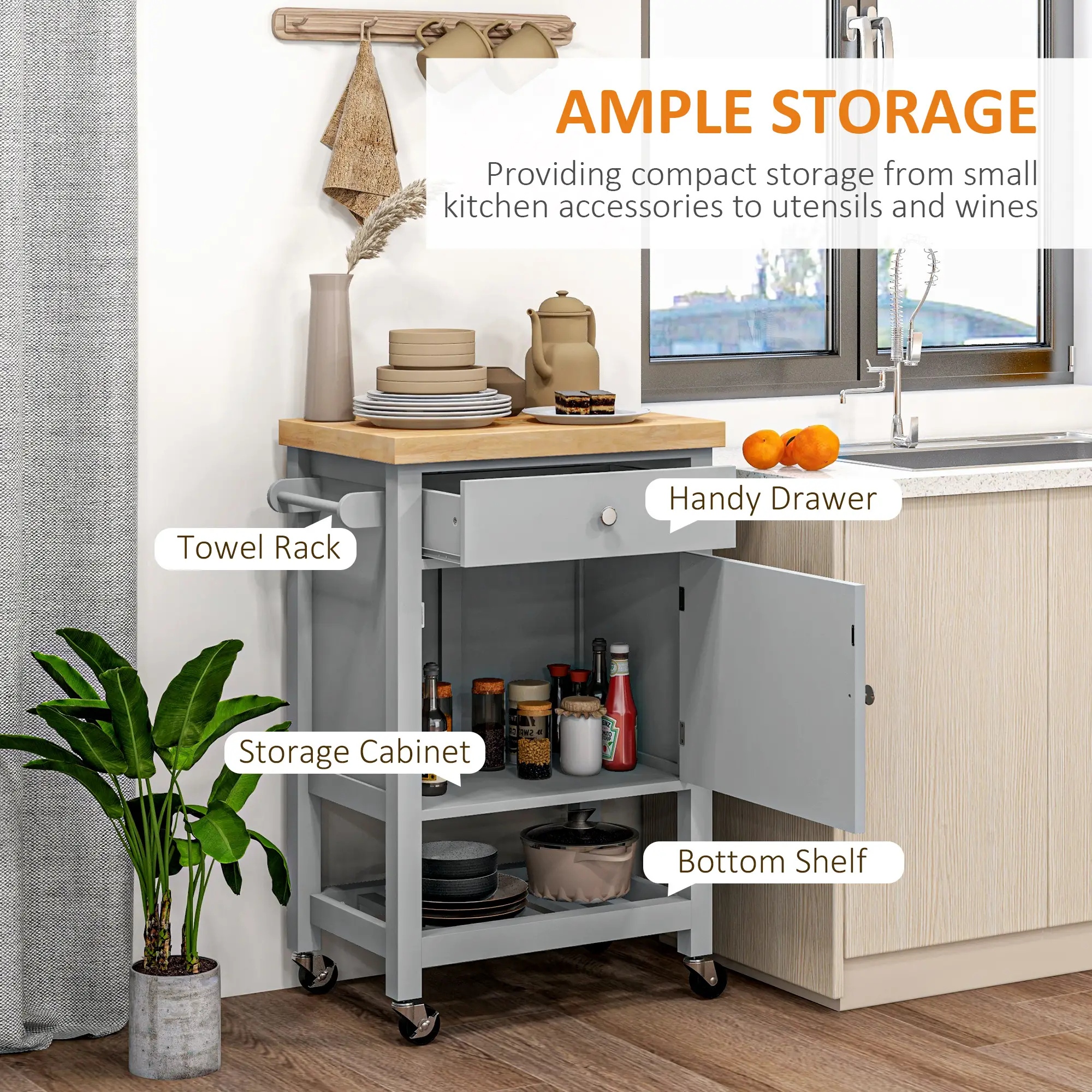 Kitchen Cart on Wheels, Wood Top, Towel Rack, Drawer, Shelf, Grey - Image 4