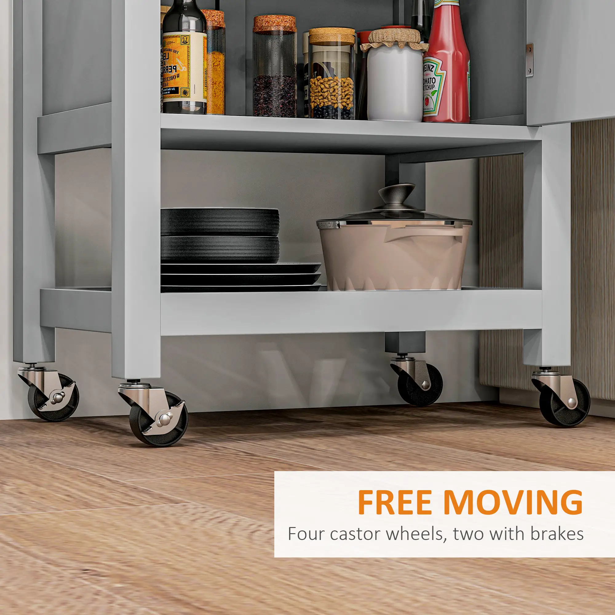 Kitchen Cart on Wheels, Wood Top, Towel Rack, Drawer, Shelf, Grey - Image 5