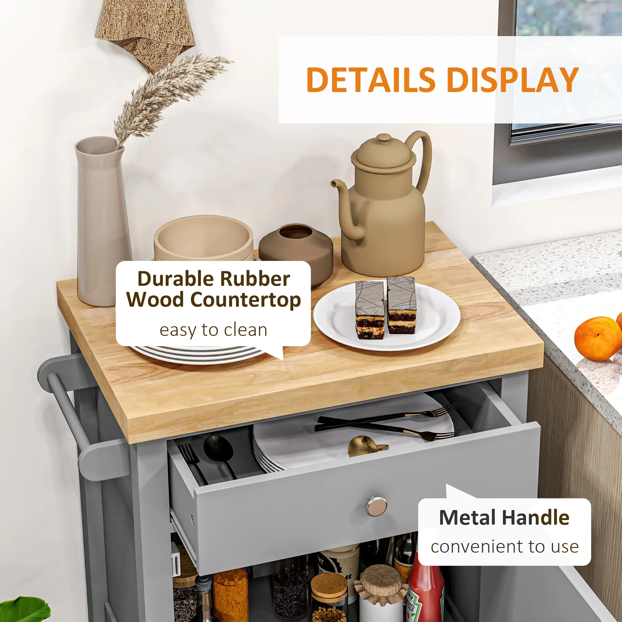 Kitchen Cart on Wheels, Wood Top, Towel Rack, Drawer, Shelf, Grey - Image 6