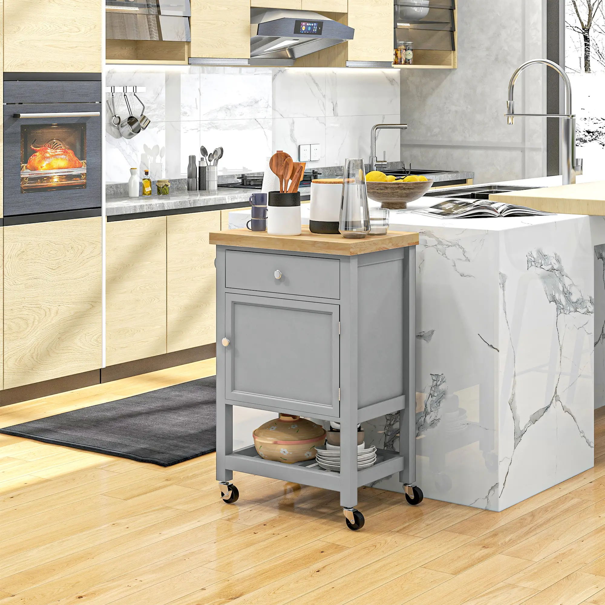 Kitchen Cart on Wheels, Wood Top, Towel Rack, Drawer, Shelf, Grey - Image 7