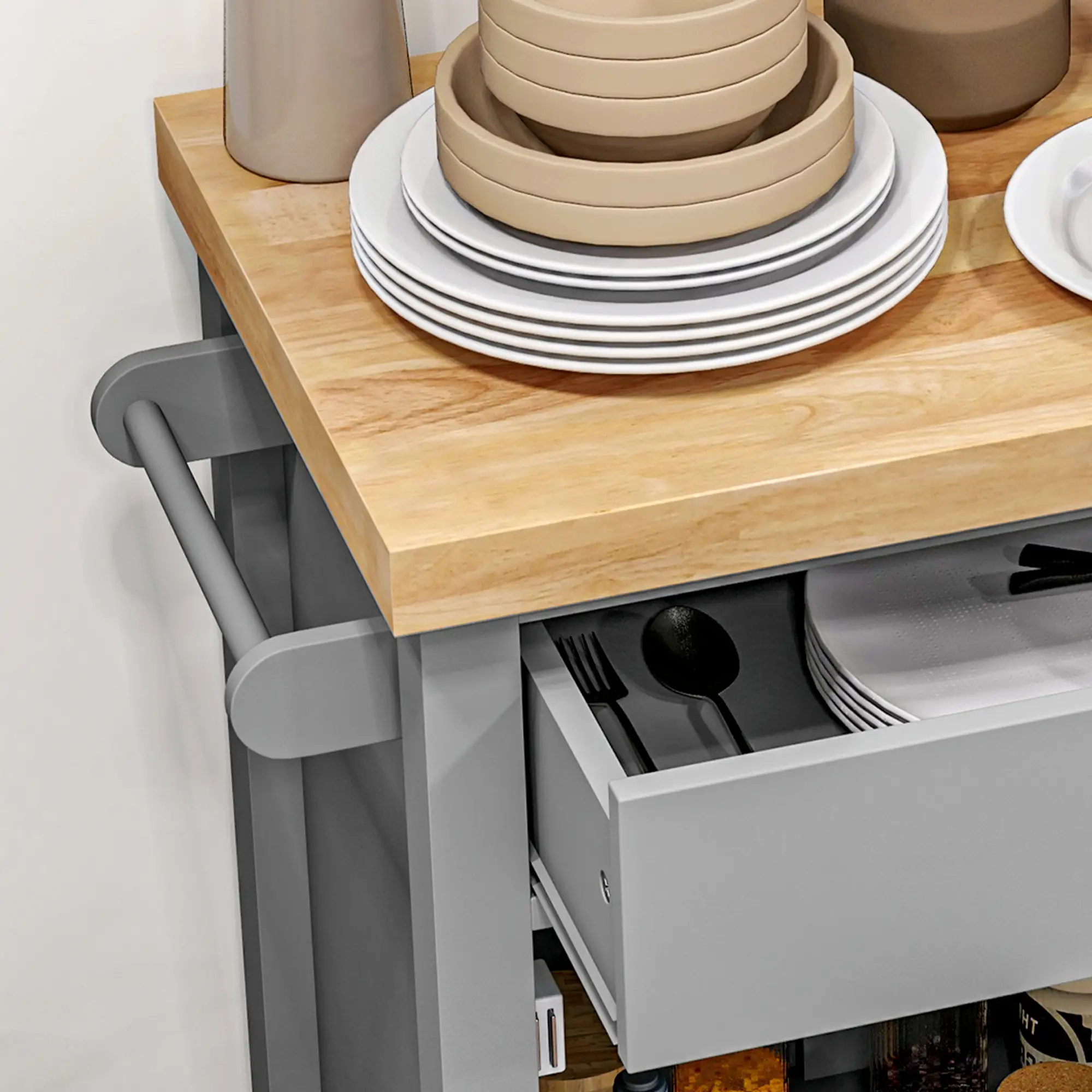 Kitchen Cart on Wheels, Wood Top, Towel Rack, Drawer, Shelf, Grey - Image 9