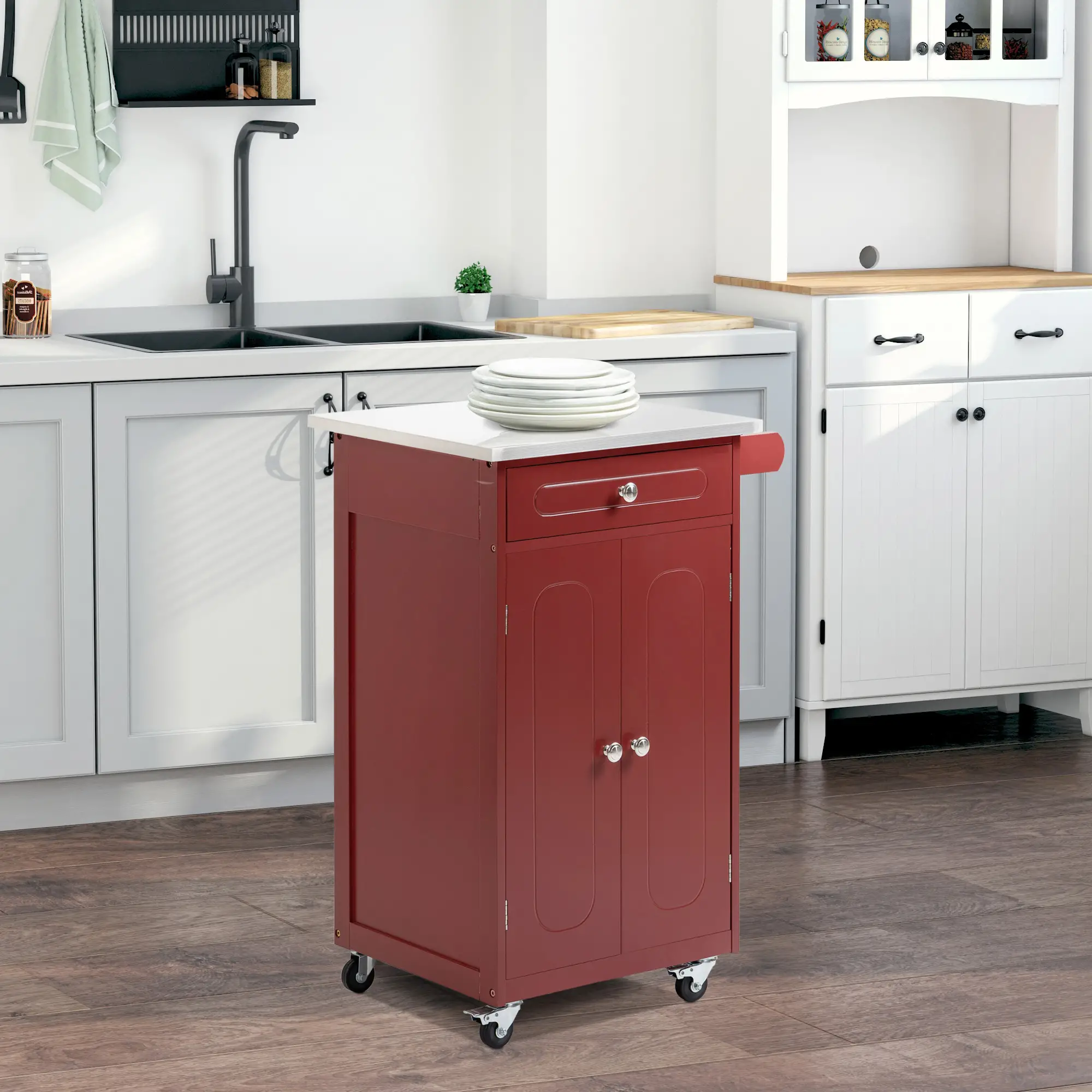 Kitchen Cart, Stainless Steel Top, Storage Drawer, 36x24x36 in, Red - Image 2
